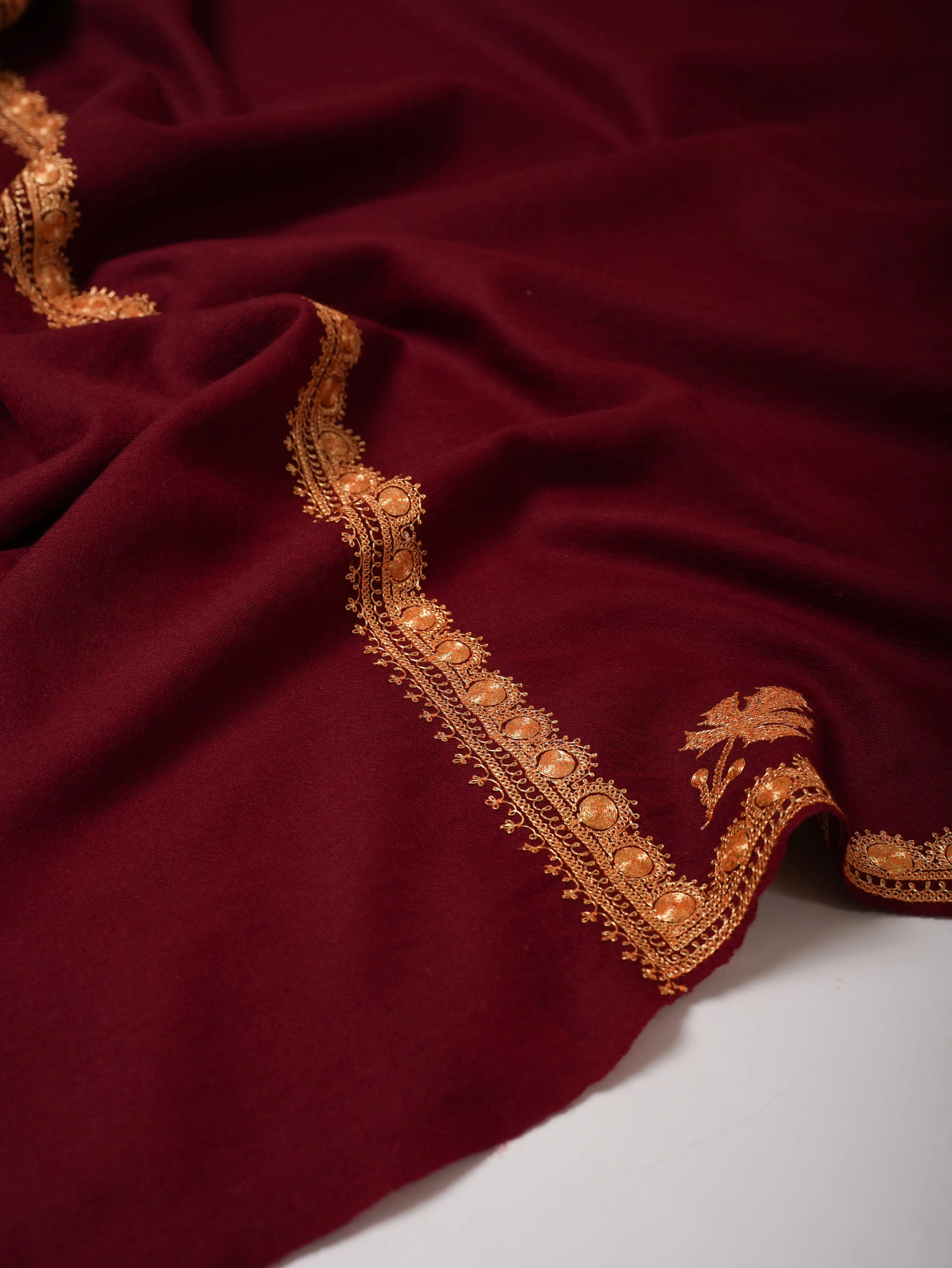 Maroon Soft Fine Wool Shawl with Handworked Gold Tilla Hashia Shahkaar