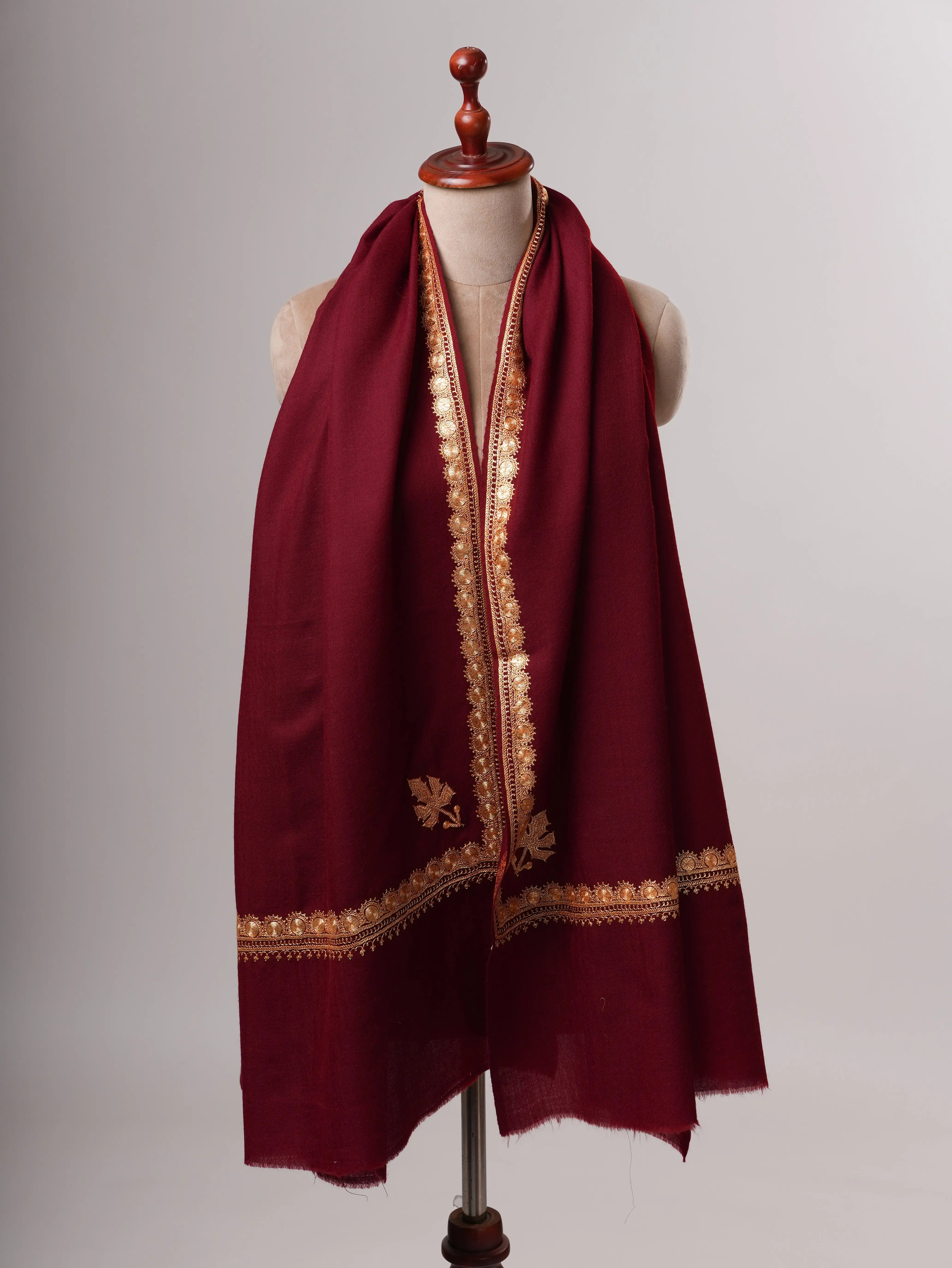 Maroon Soft Fine Wool Shawl with Handworked Gold Tilla Hashia Shahkaar