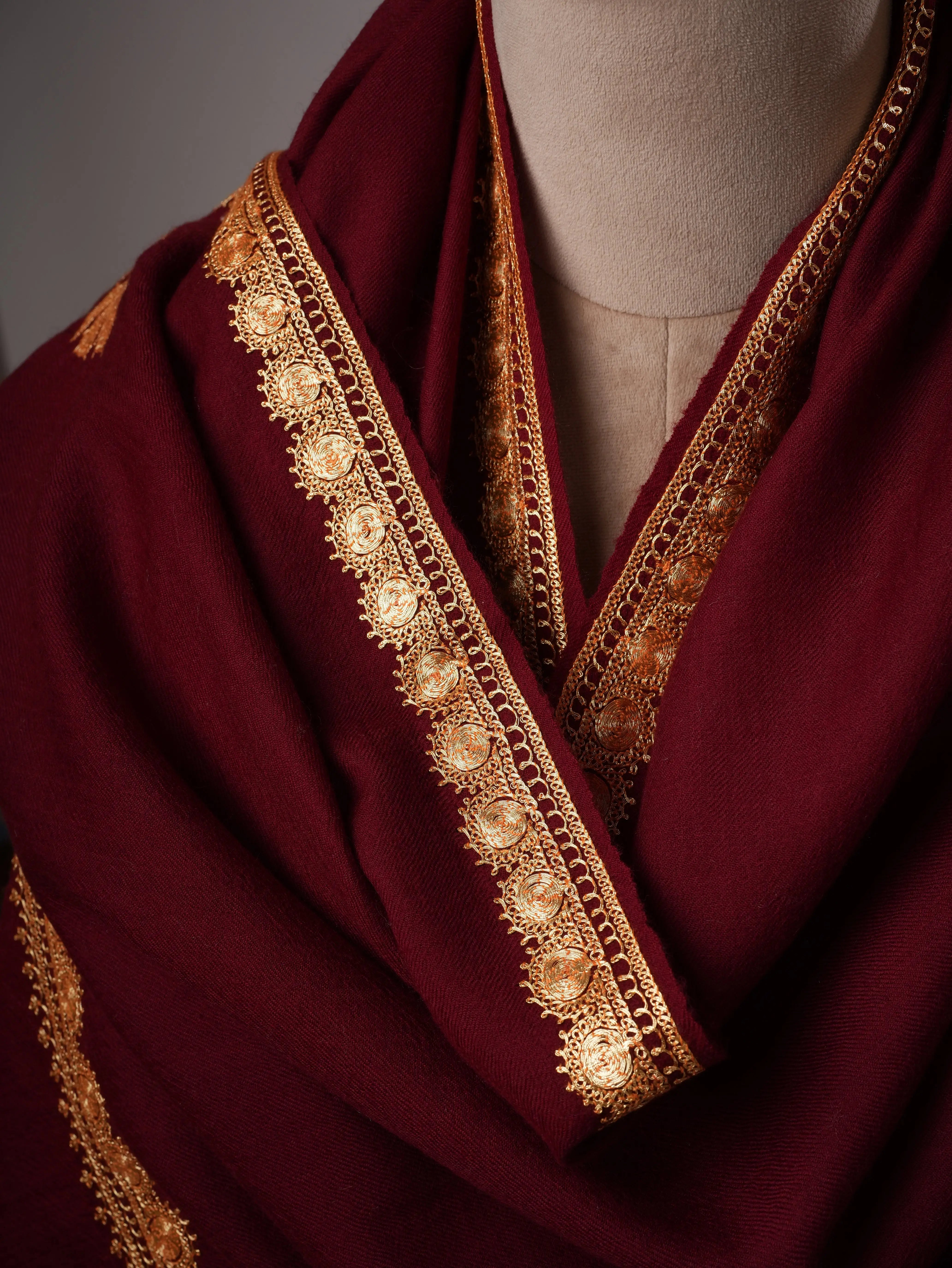Maroon Soft Fine Wool Shawl with Handworked Gold Tilla Hashia Shahkaar