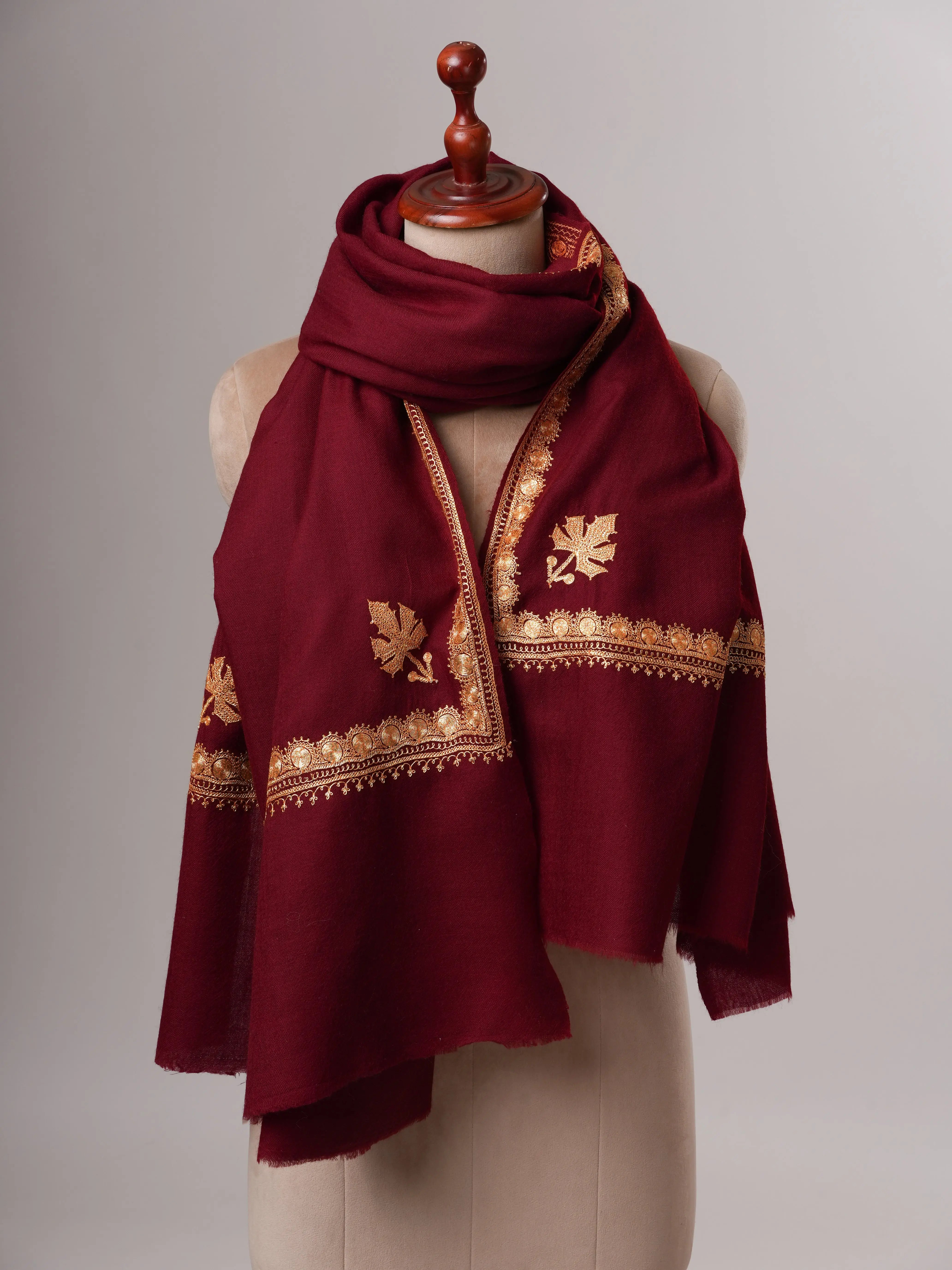 Maroon Soft Fine Wool Shawl with Handworked Gold Tilla Hashia Shahkaar