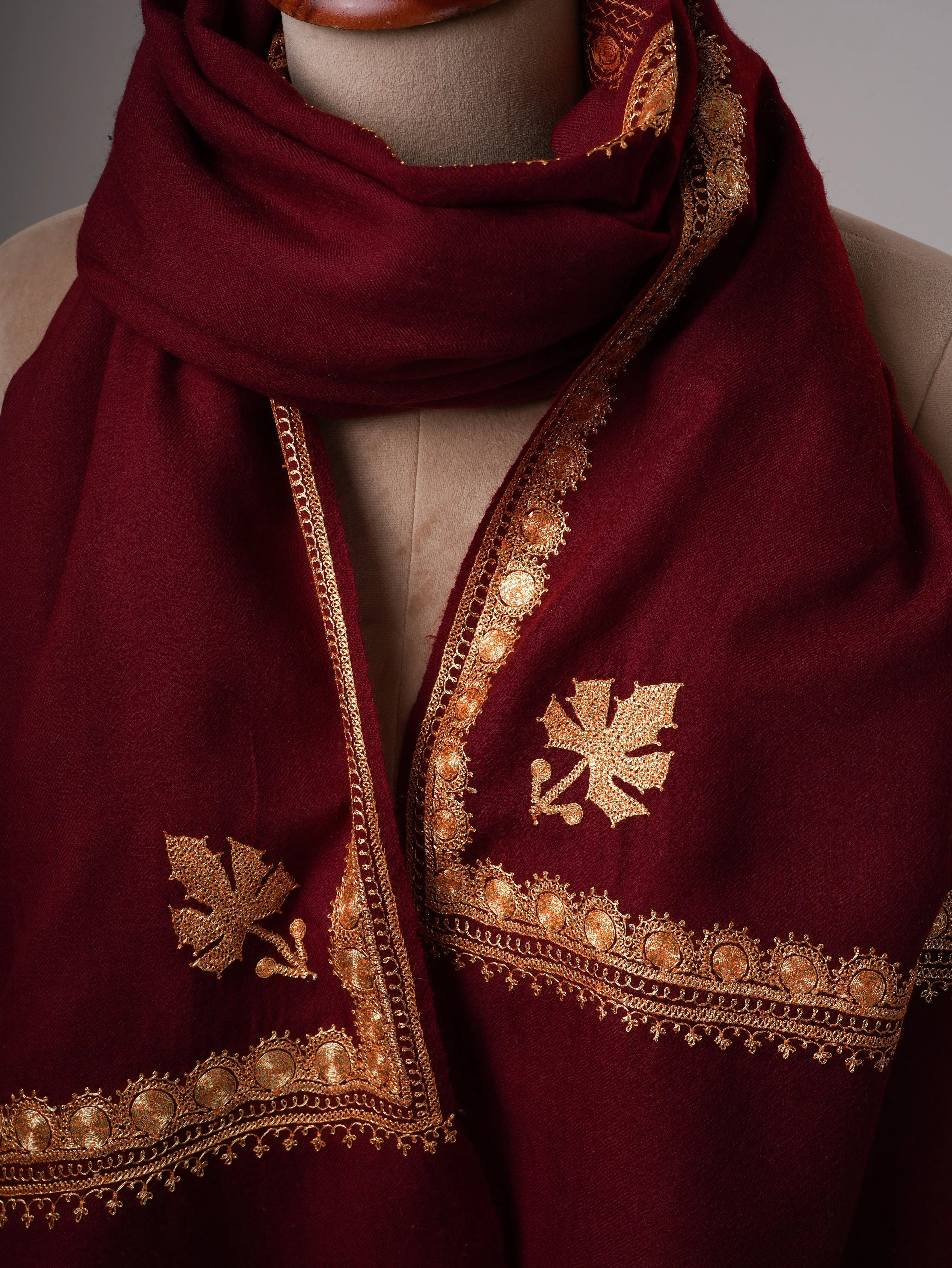 Maroon Soft Fine Wool Shawl with Handworked Gold Tilla Hashia Shahkaar