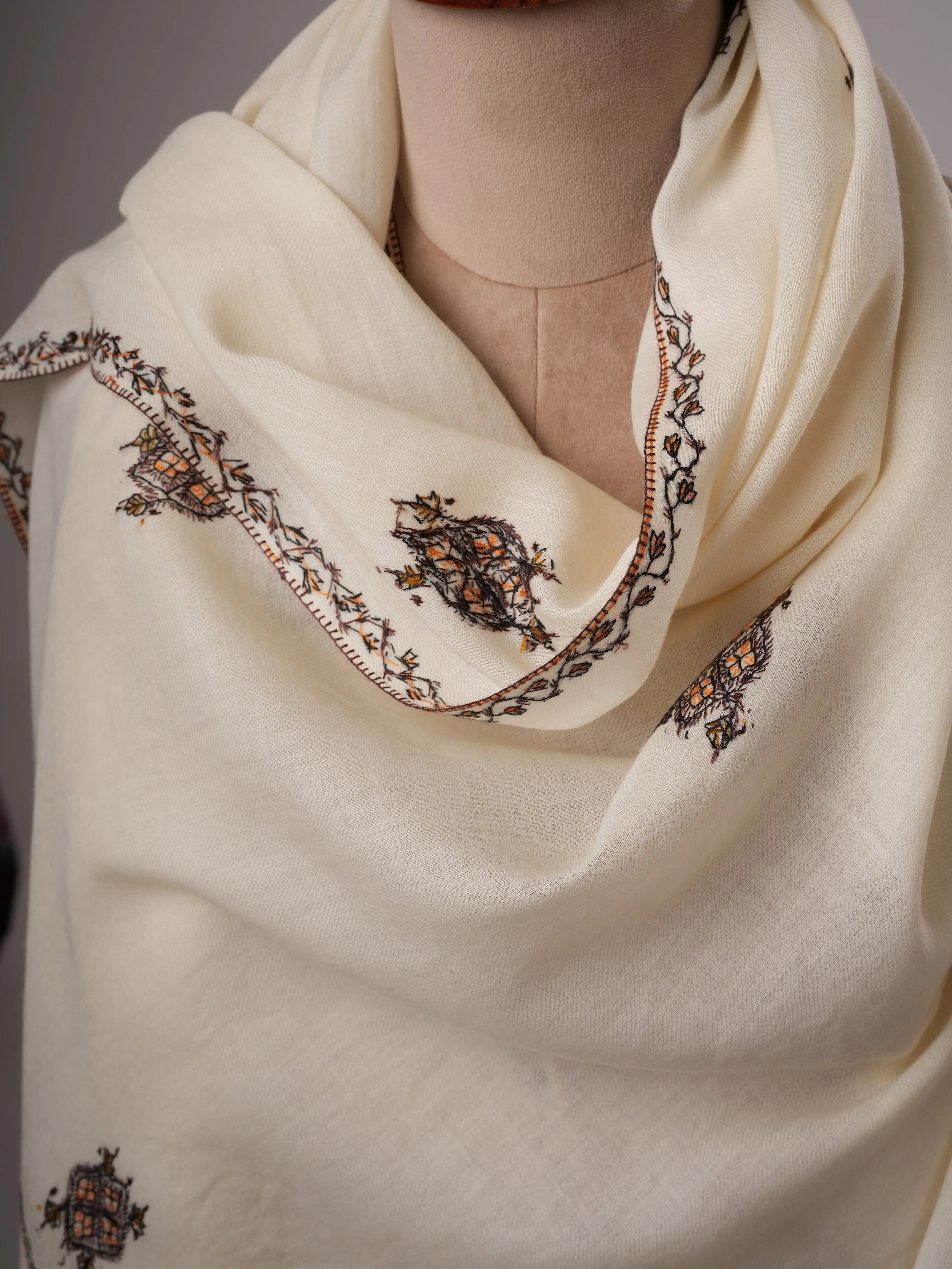 Handcrafted White Fine Wool Shawl with Delicate Buteh Embroidery Shahkaar