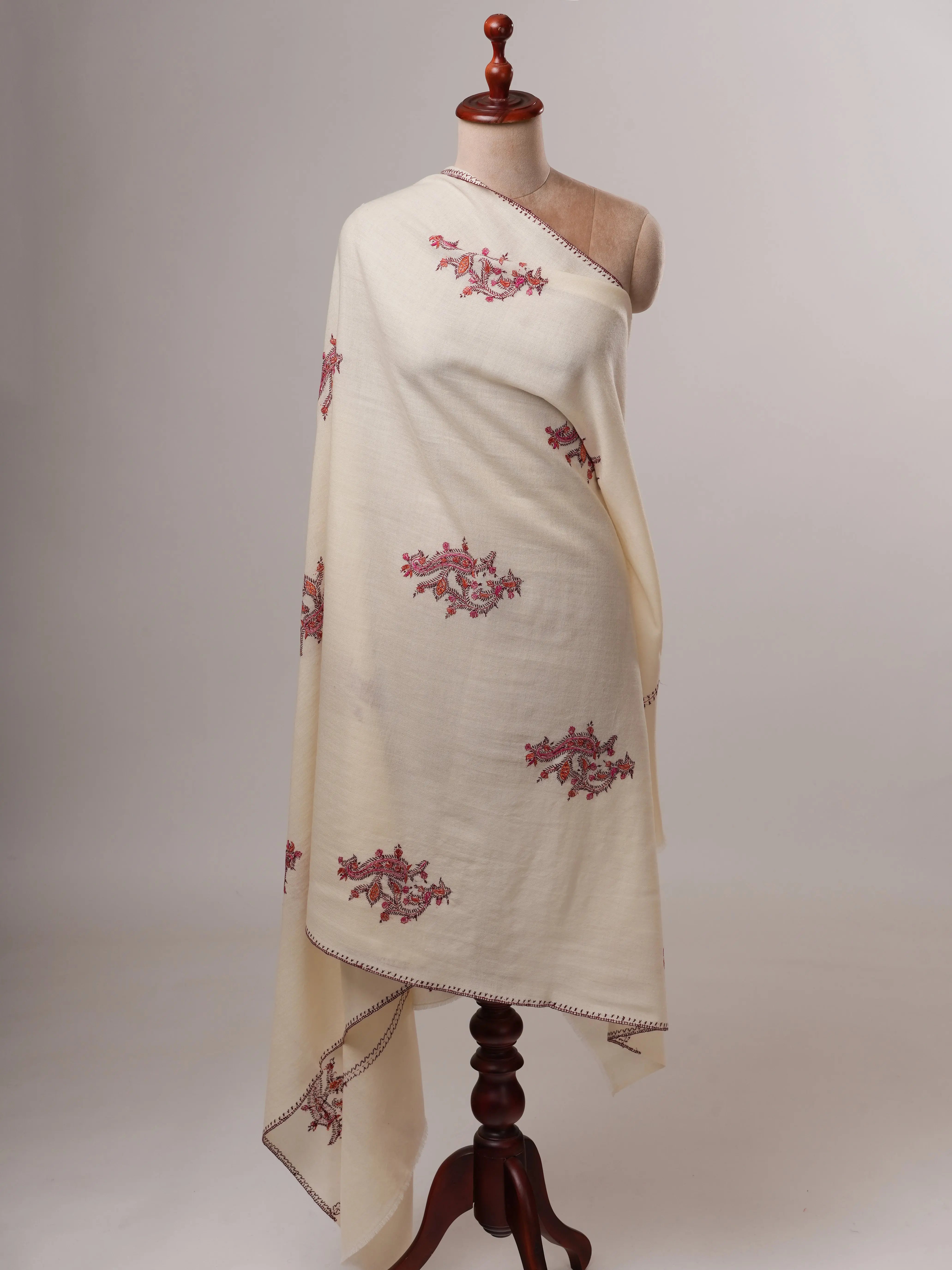 Handcrafted Ivory Wool Shawl with Delicate Buteh Embroidery Shahkaar