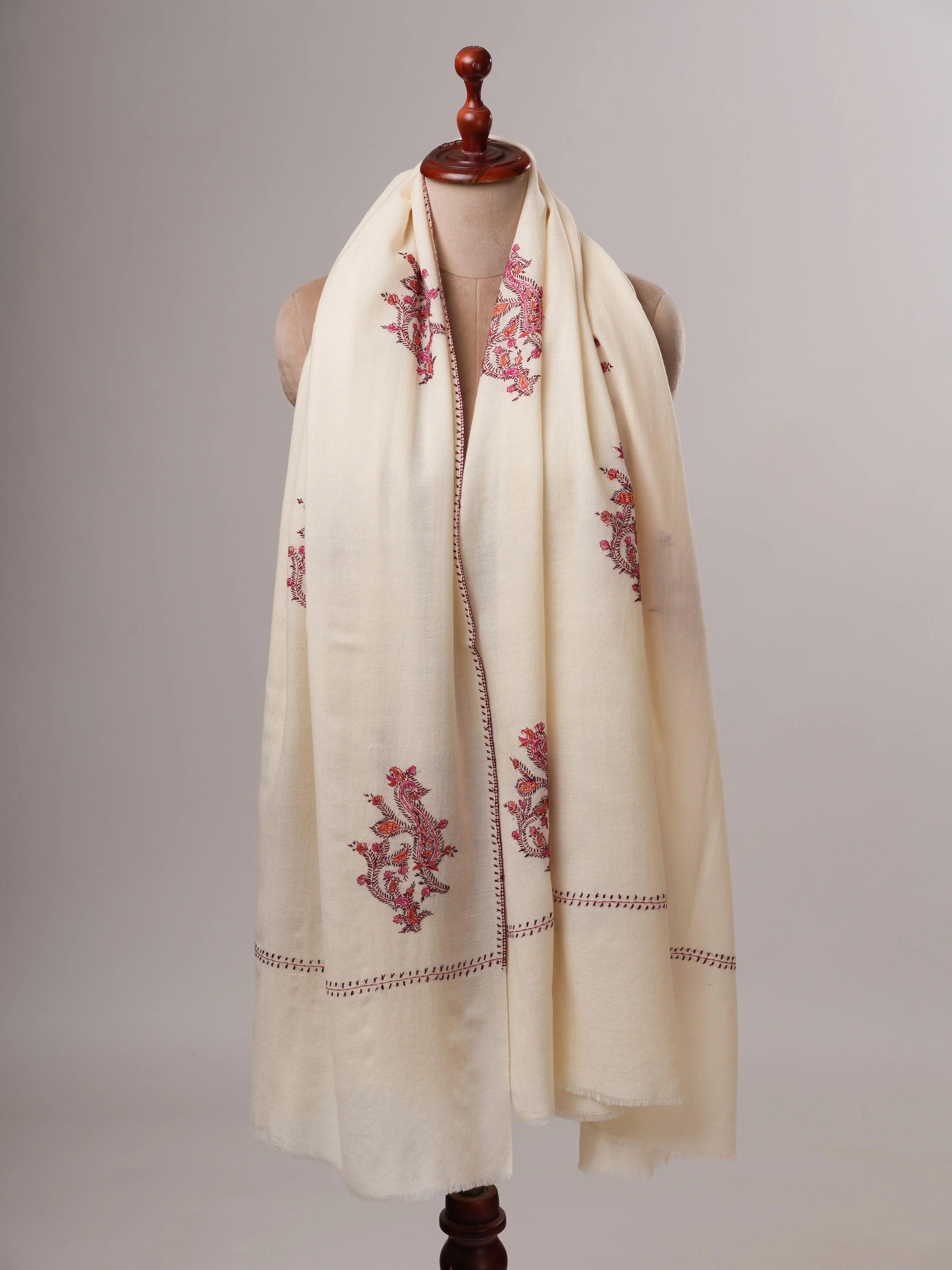 Handcrafted Ivory Wool Shawl with Delicate Buteh Embroidery Shahkaar