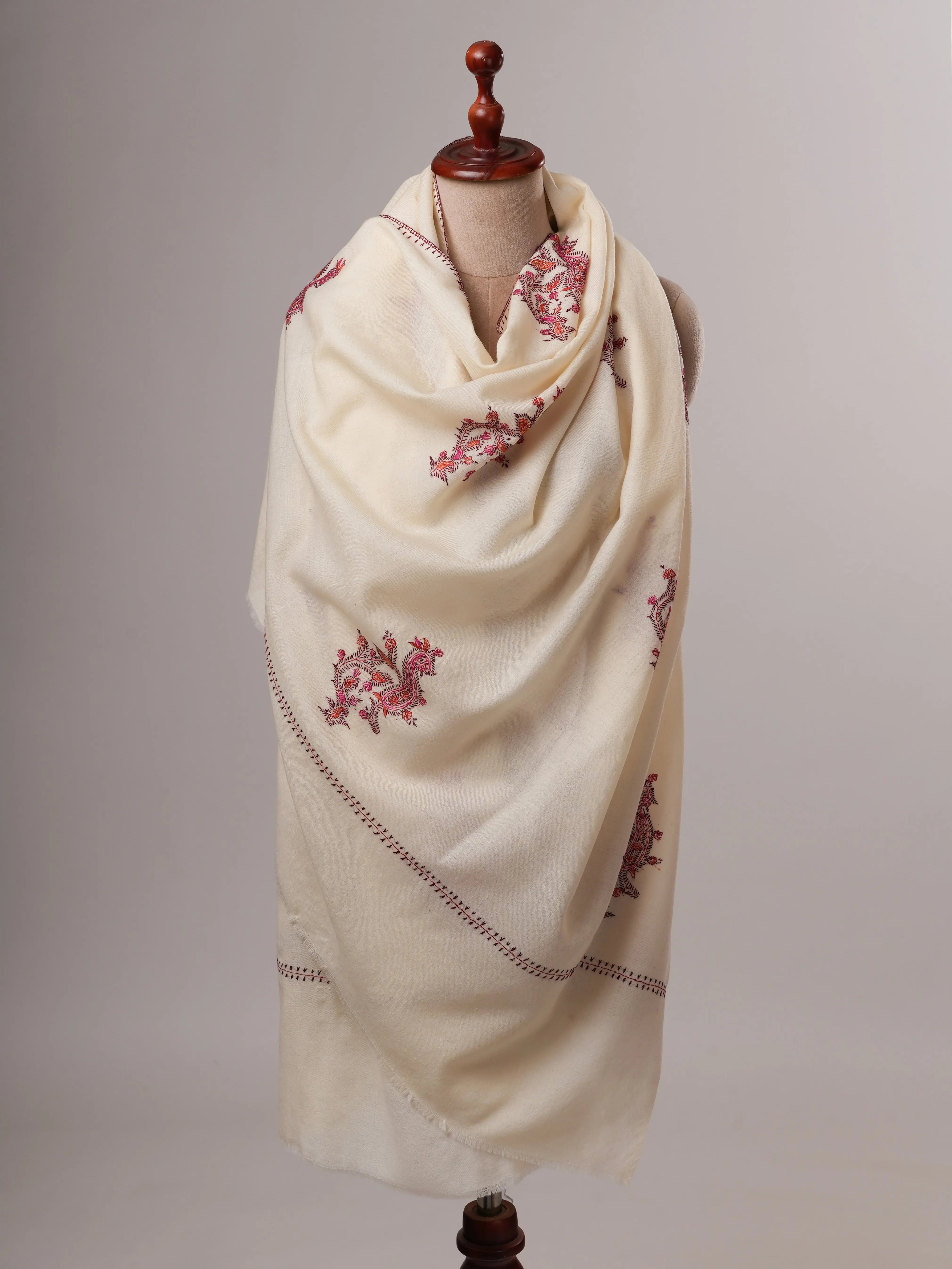 Handcrafted Ivory Wool Shawl with Delicate Buteh Embroidery Shahkaar