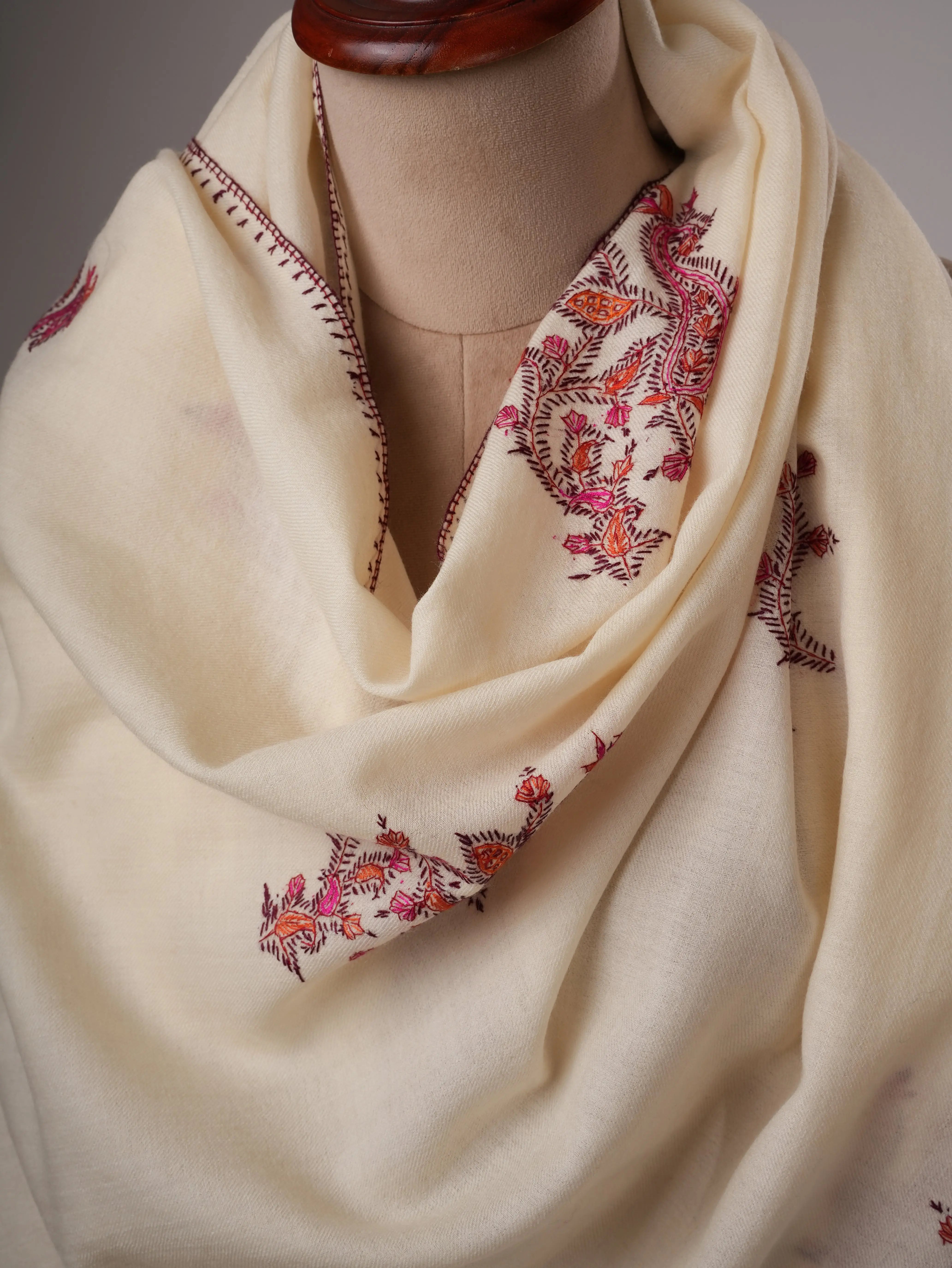 Handcrafted Ivory Wool Shawl with Delicate Buteh Embroidery Shahkaar