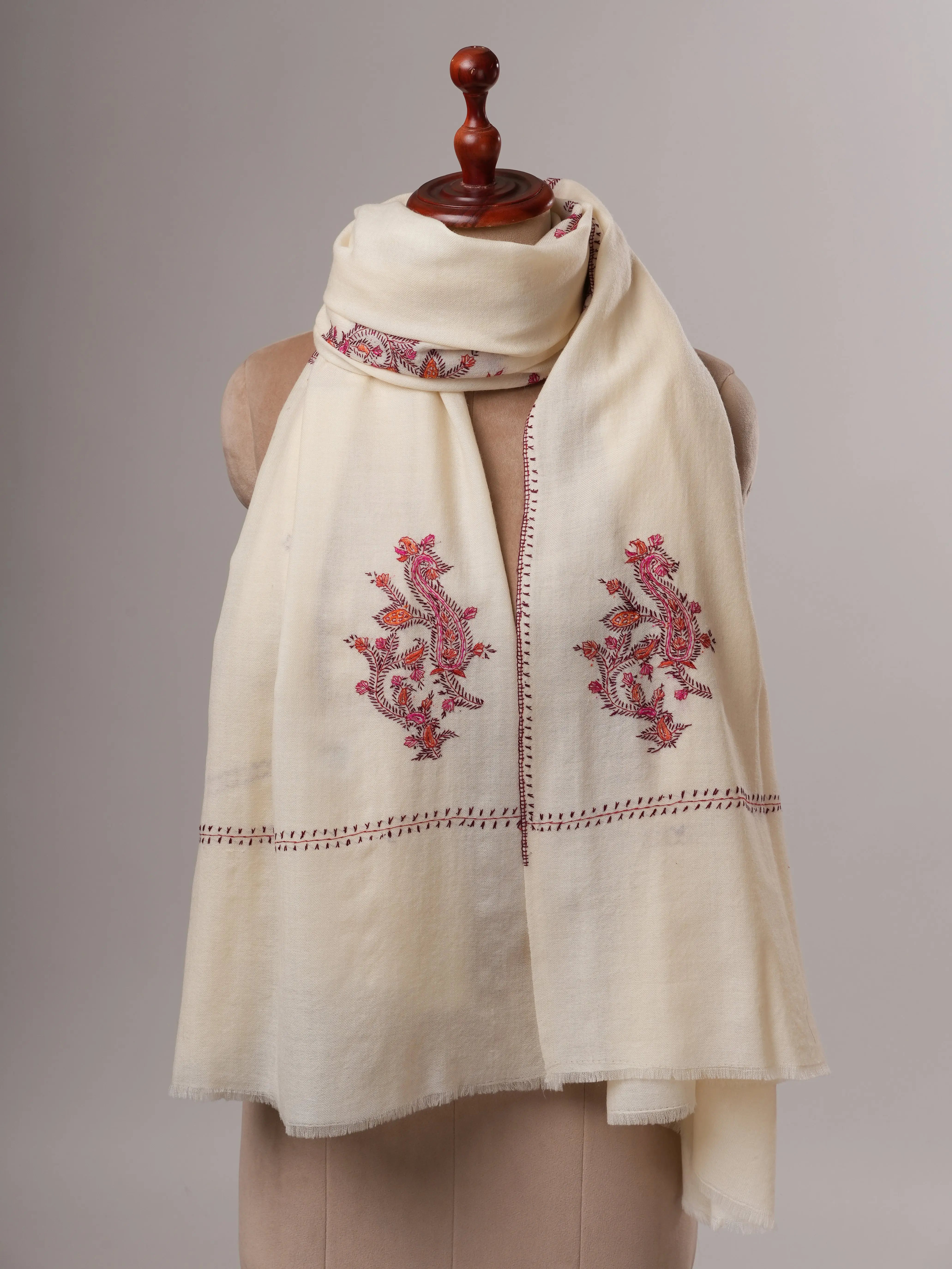 Handcrafted Ivory Wool Shawl with Delicate Buteh Embroidery Shahkaar