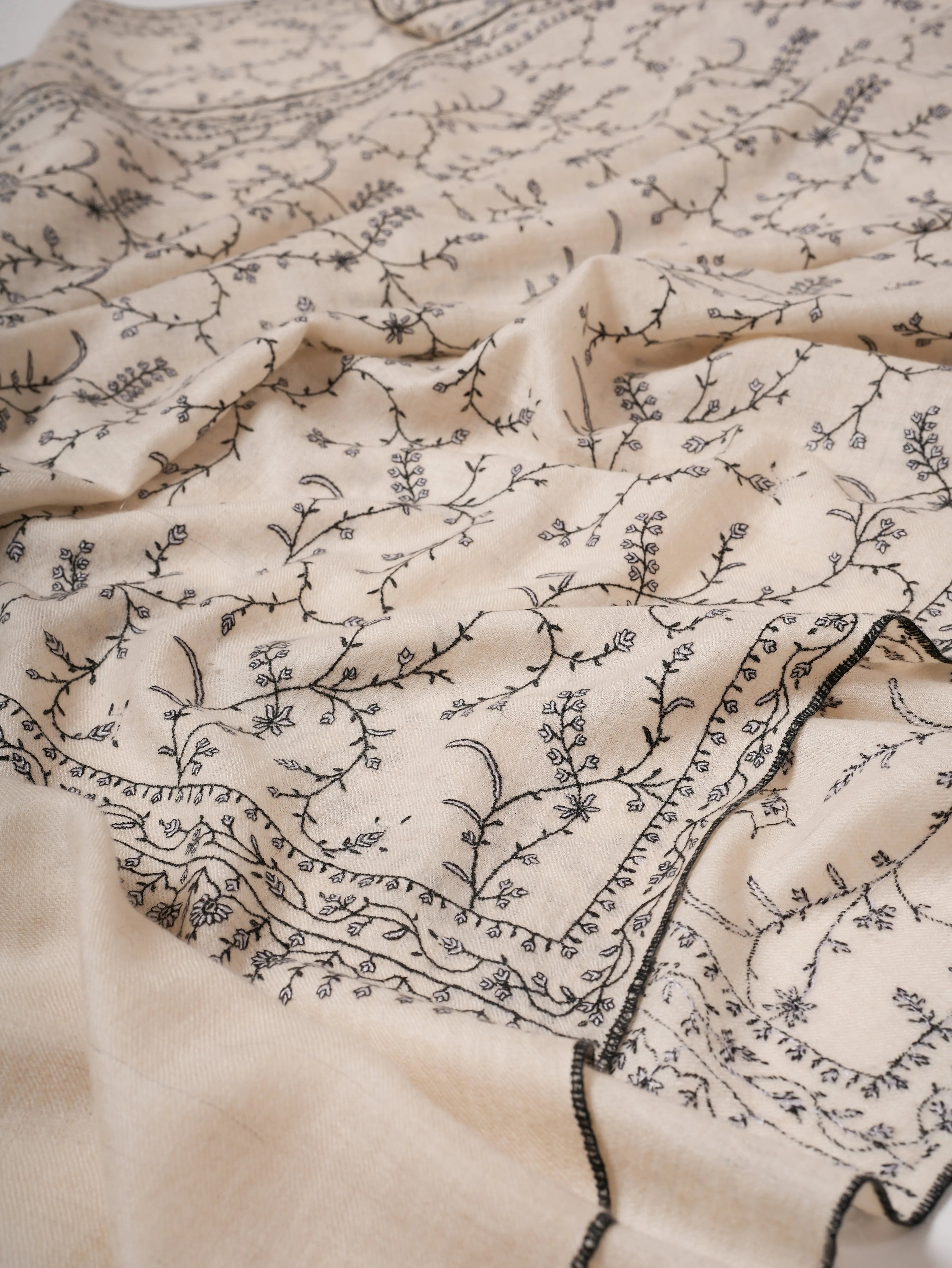 Ivory Kashmiri Pashmina Shawl with Sozni Jali Embroidery Shahkaar