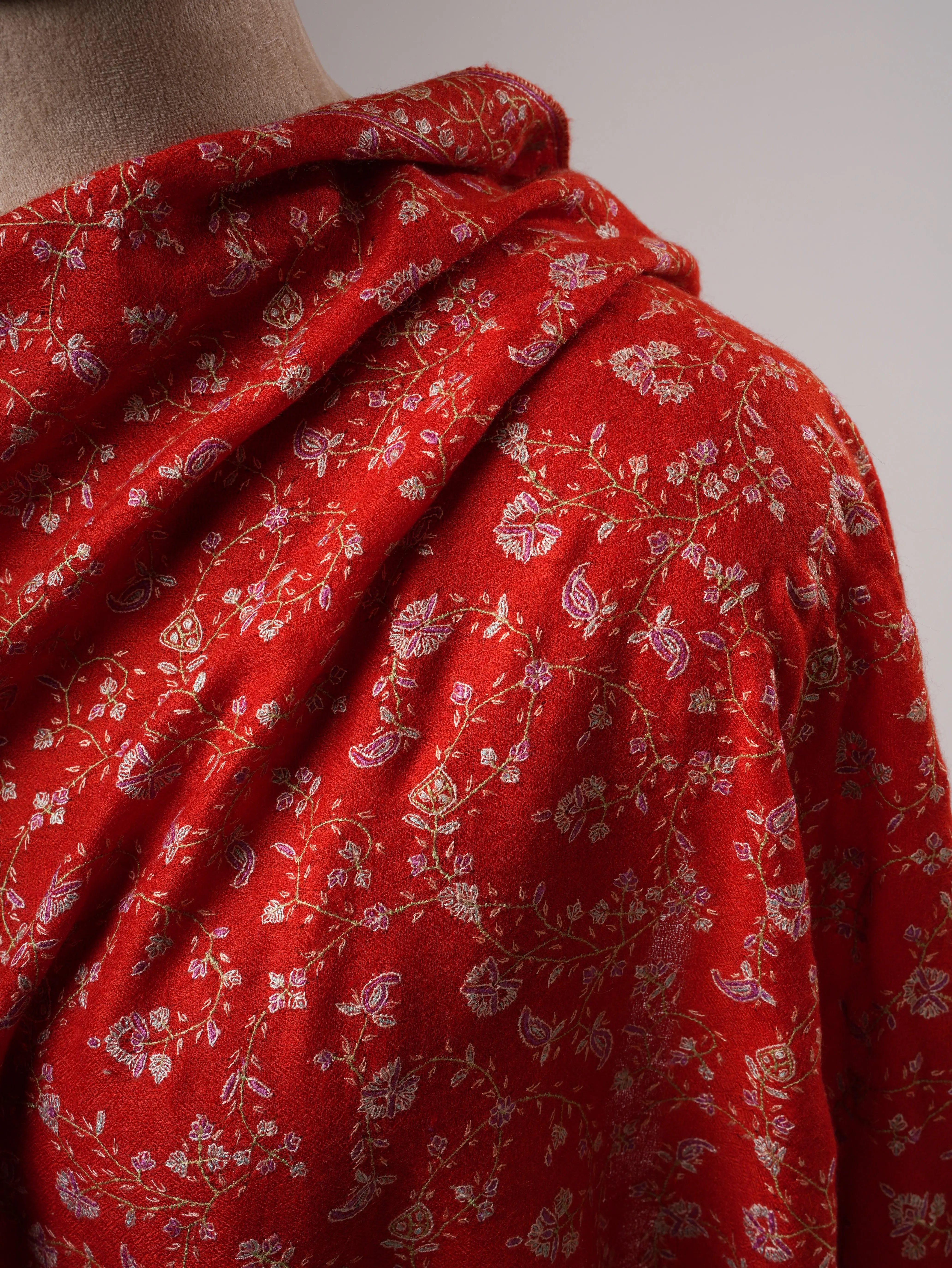 Red Orange Hand Embroidered Jali Pashmina Shawl Shahkaar