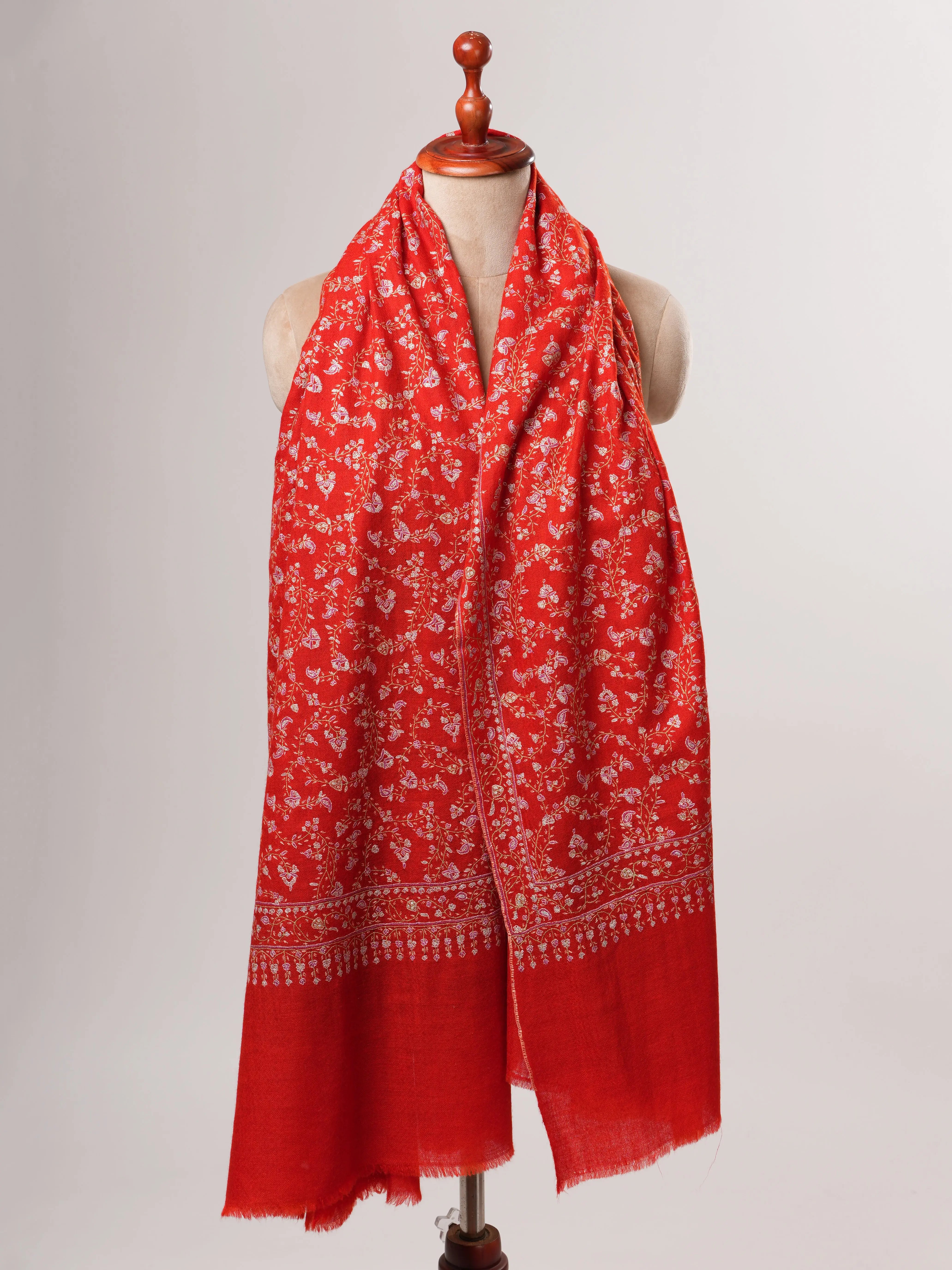 Red Orange Hand Embroidered Jali Pashmina Shawl Shahkaar