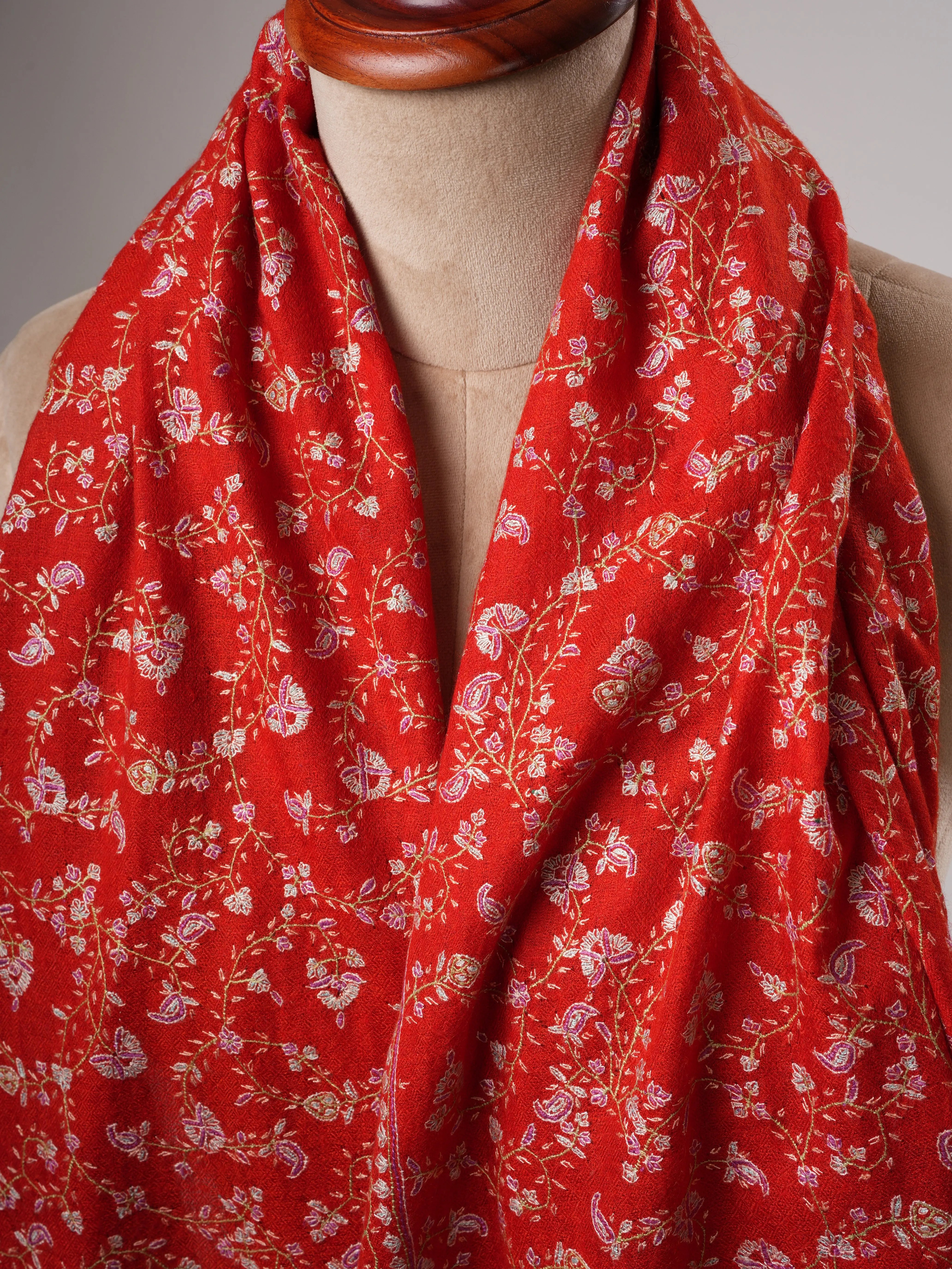 Red Orange Hand Embroidered Jali Pashmina Shawl Shahkaar