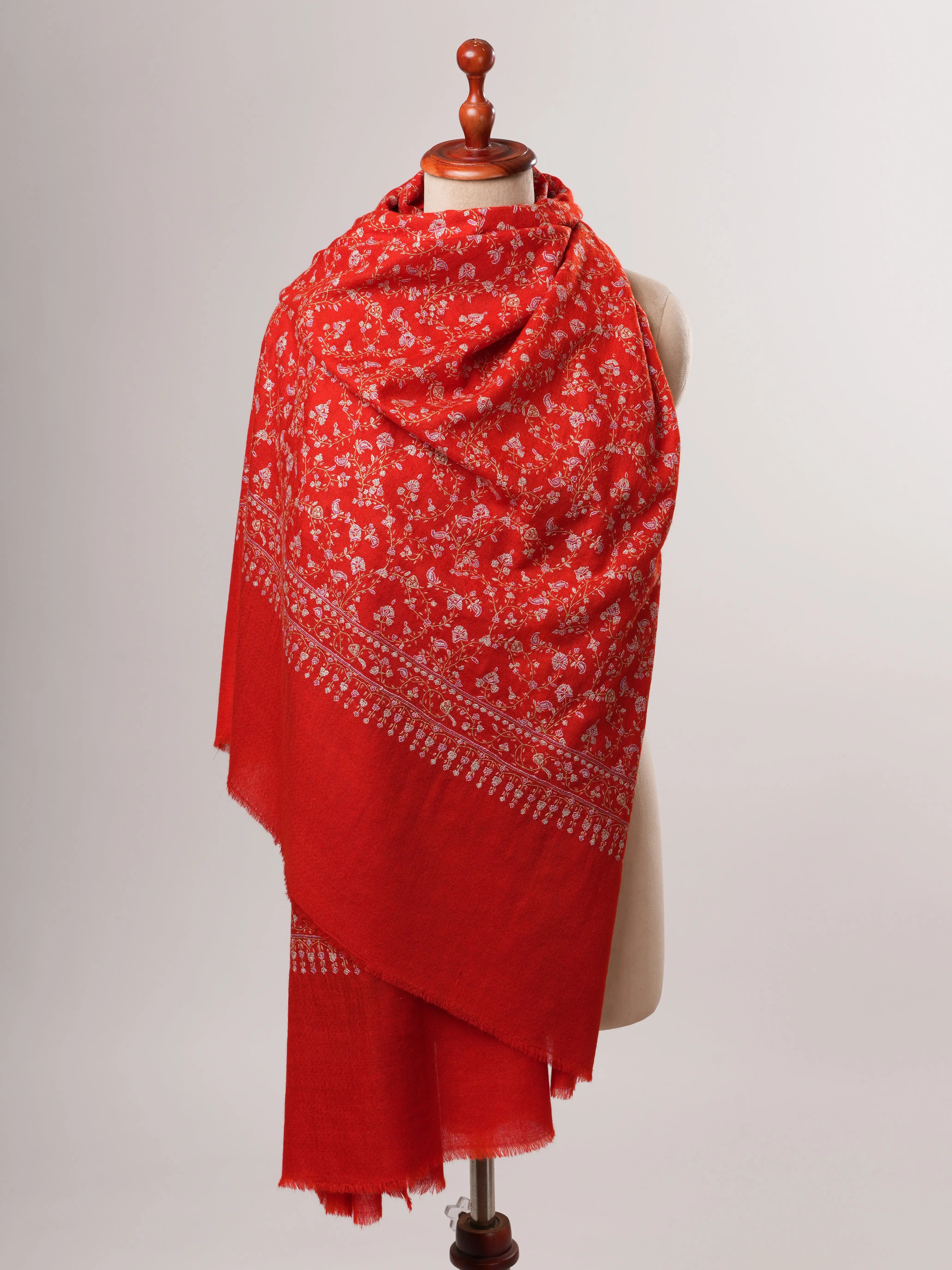 Red Orange Hand Embroidered Jali Pashmina Shawl Shahkaar