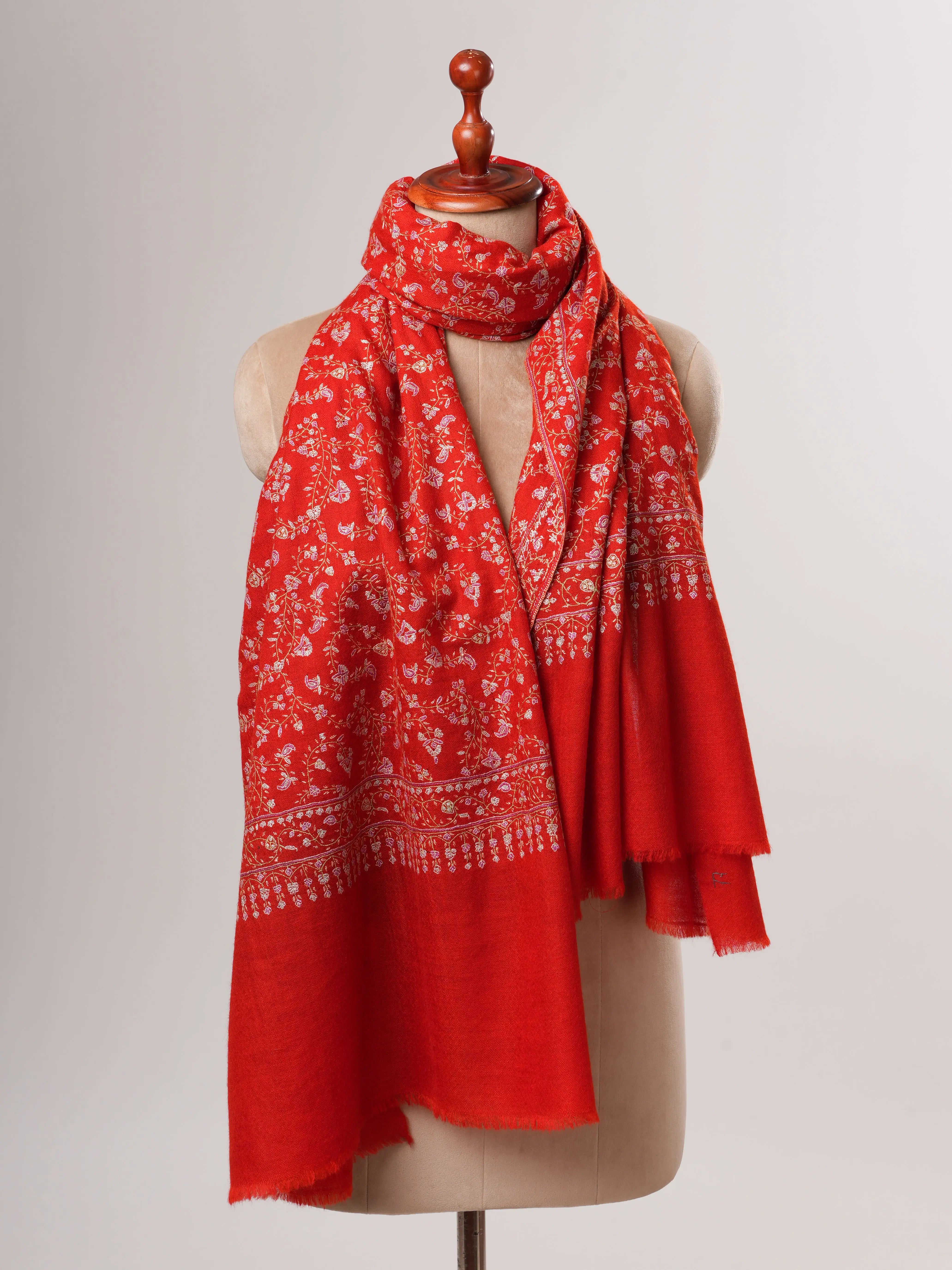 Red Orange Hand Embroidered Jali Pashmina Shawl Shahkaar
