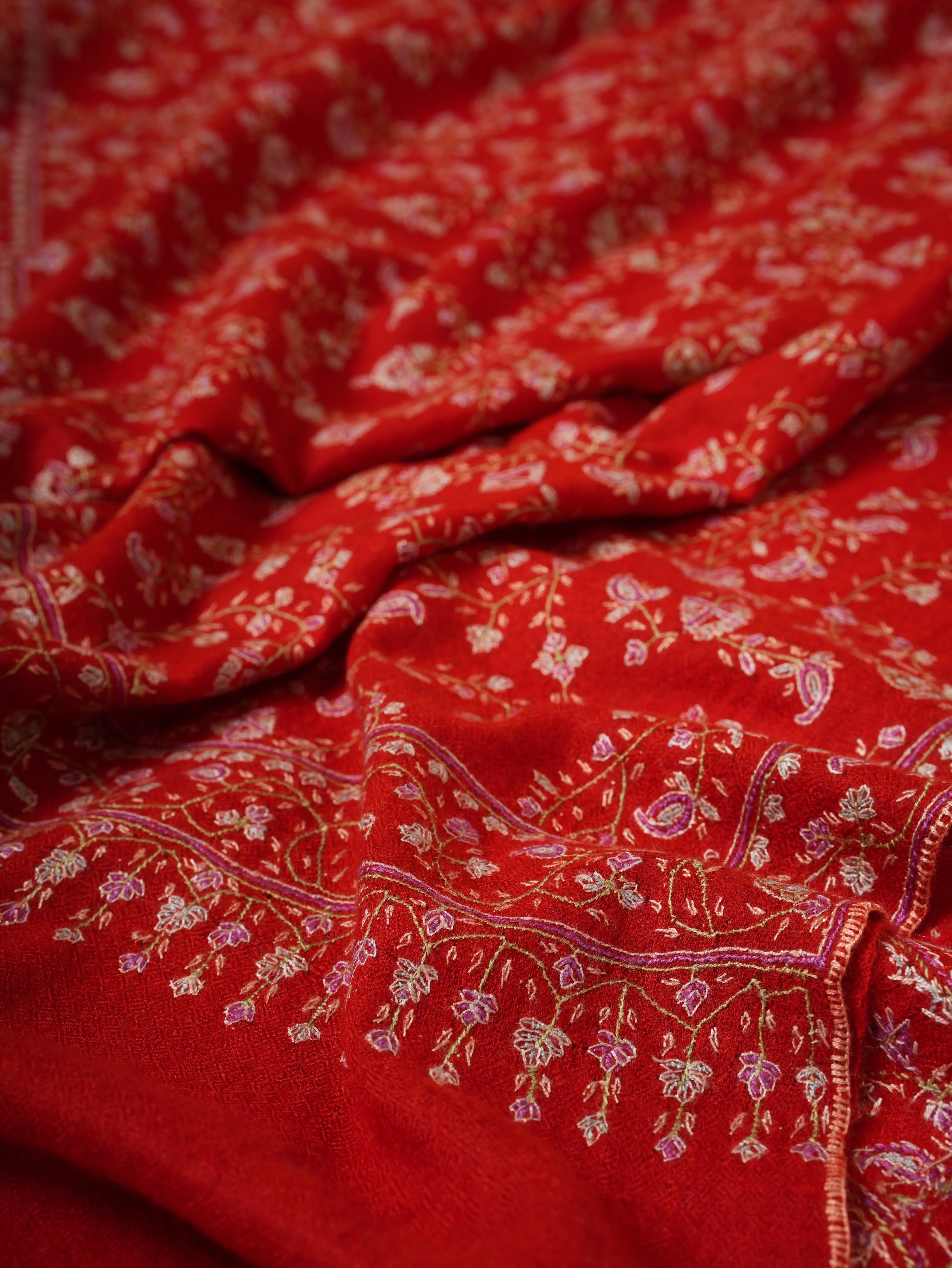 Red Orange Hand Embroidered Jali Pashmina Shawl Shahkaar