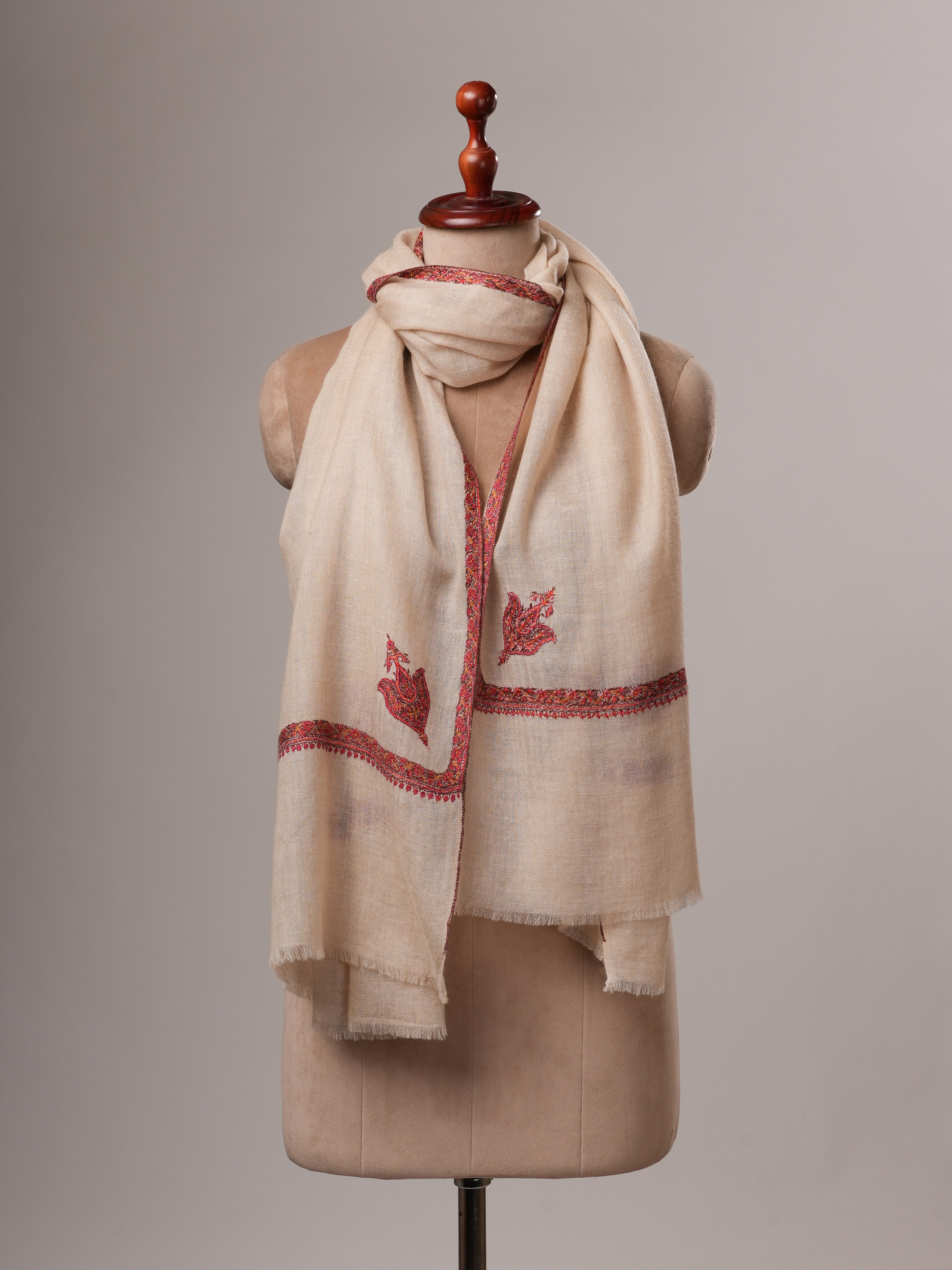 Natural White Cashmere Scarf with Traditional Hashia Hand Embroidery Shahkaar