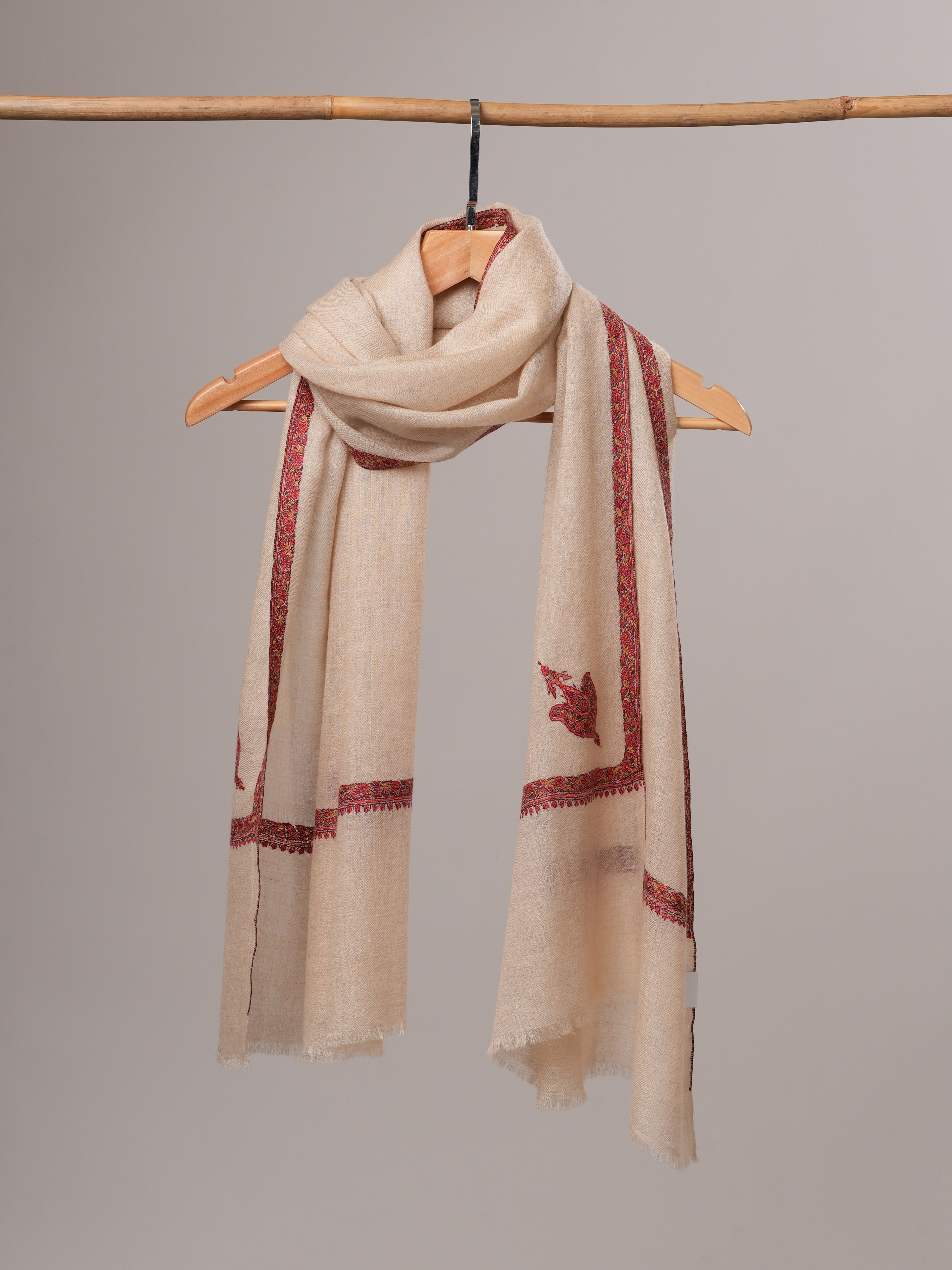 Natural White Cashmere Scarf with Traditional Hashia Hand Embroidery Shahkaar