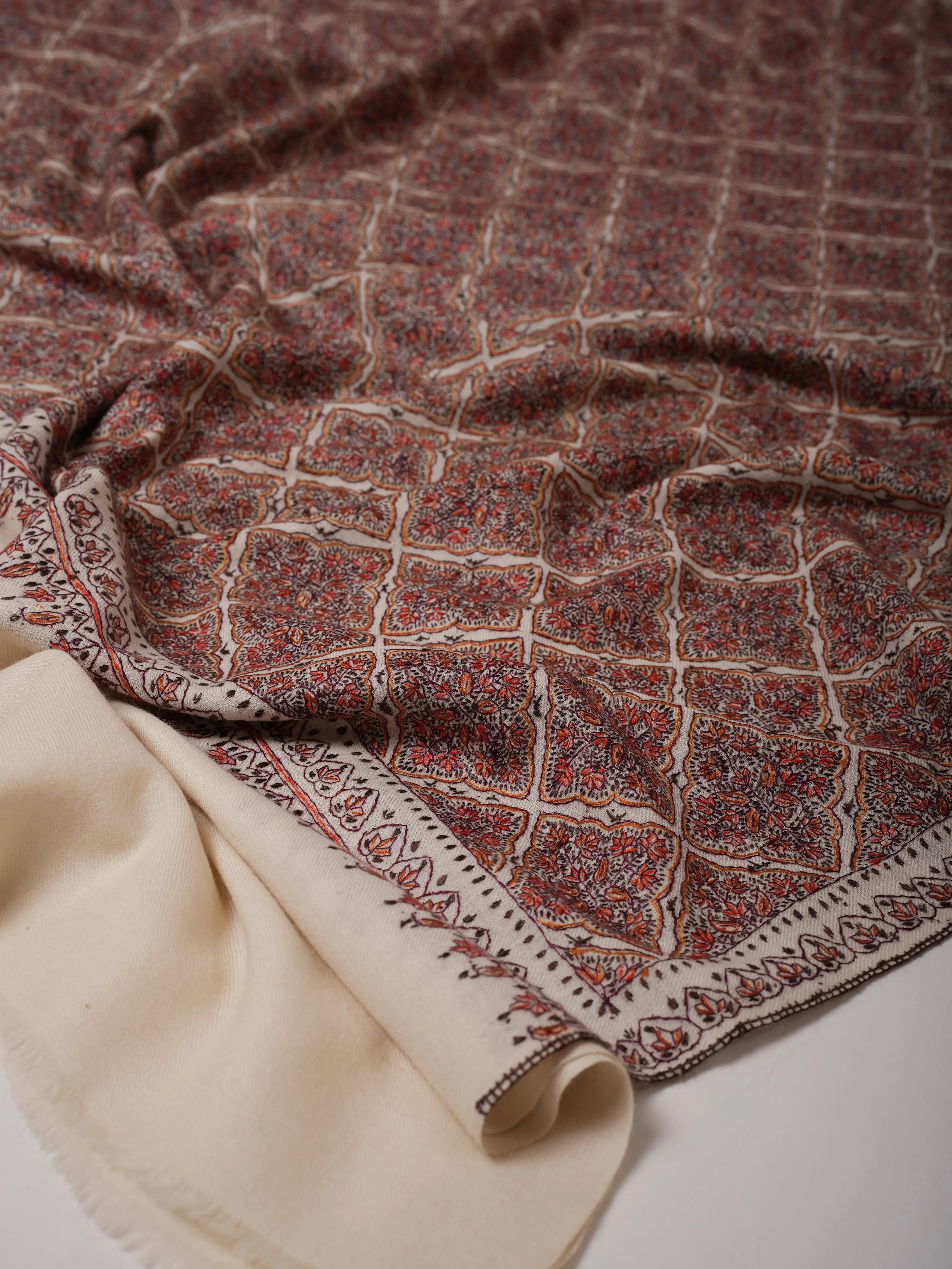 Fine Wool White Shawl with Handcrafted Jamavar Embroidery Shahkaar