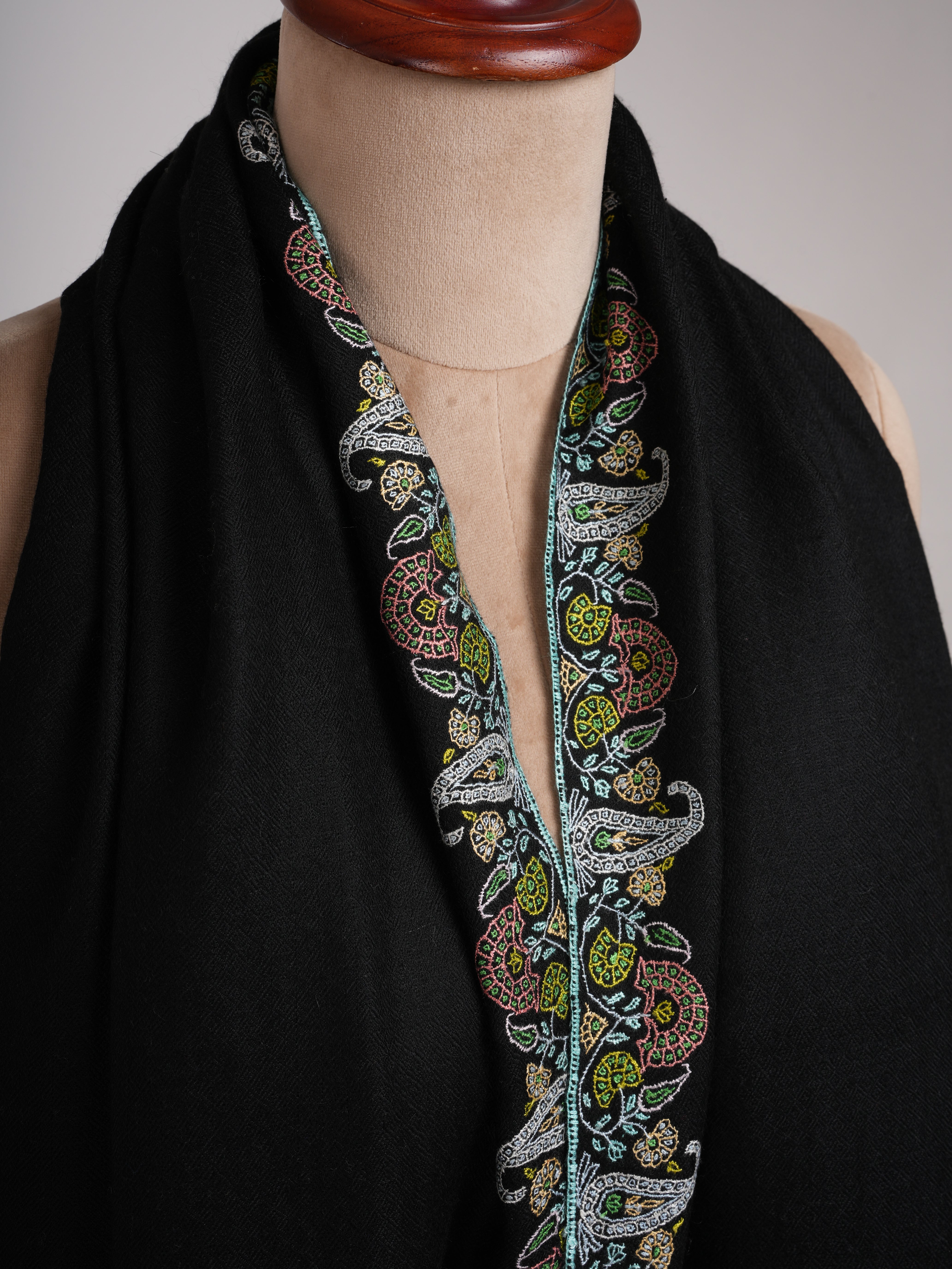 Palla Embroidered Jet black Pashmina Shawl