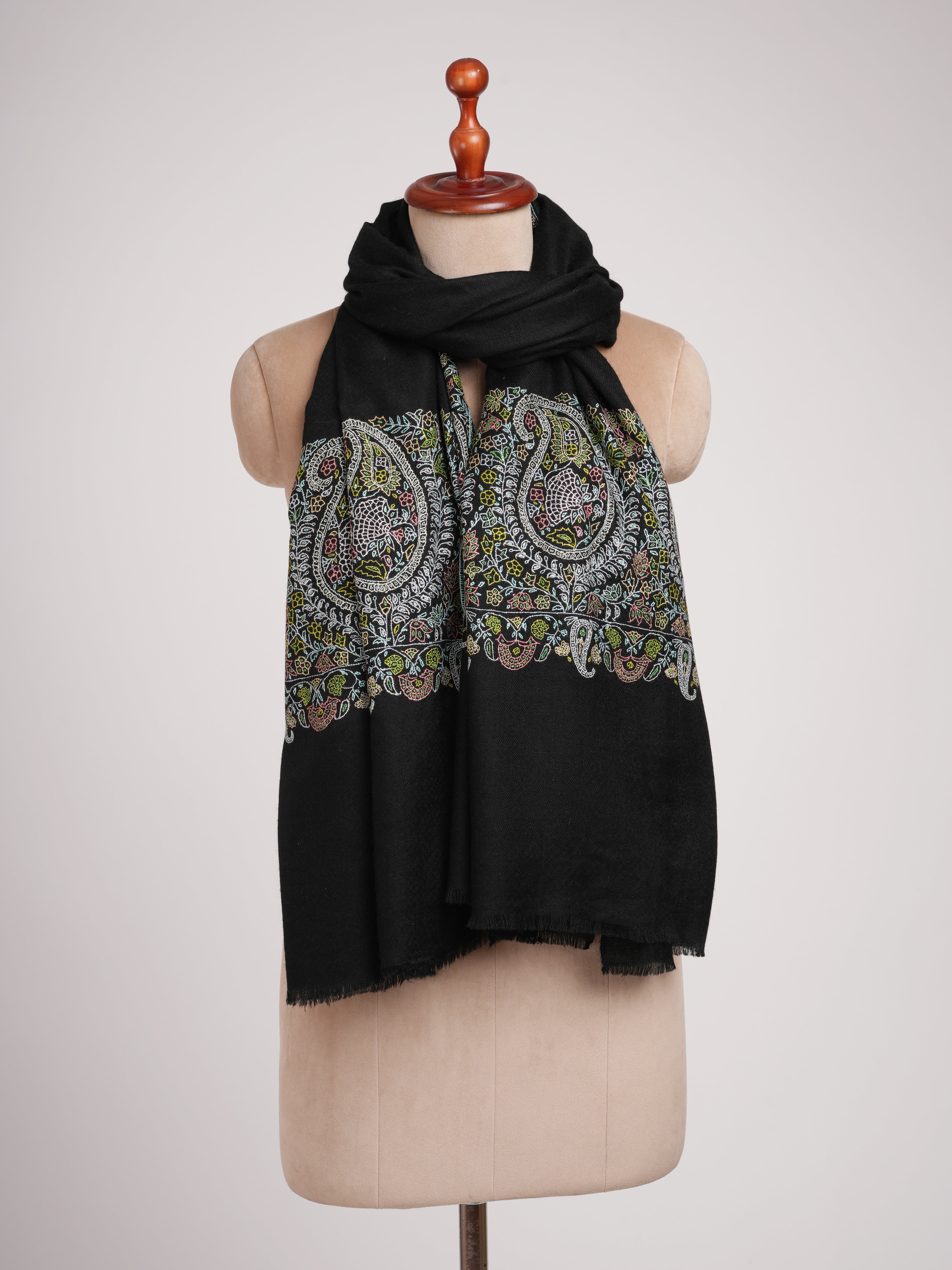 Palla Embroidered Jet black Pashmina Shawl