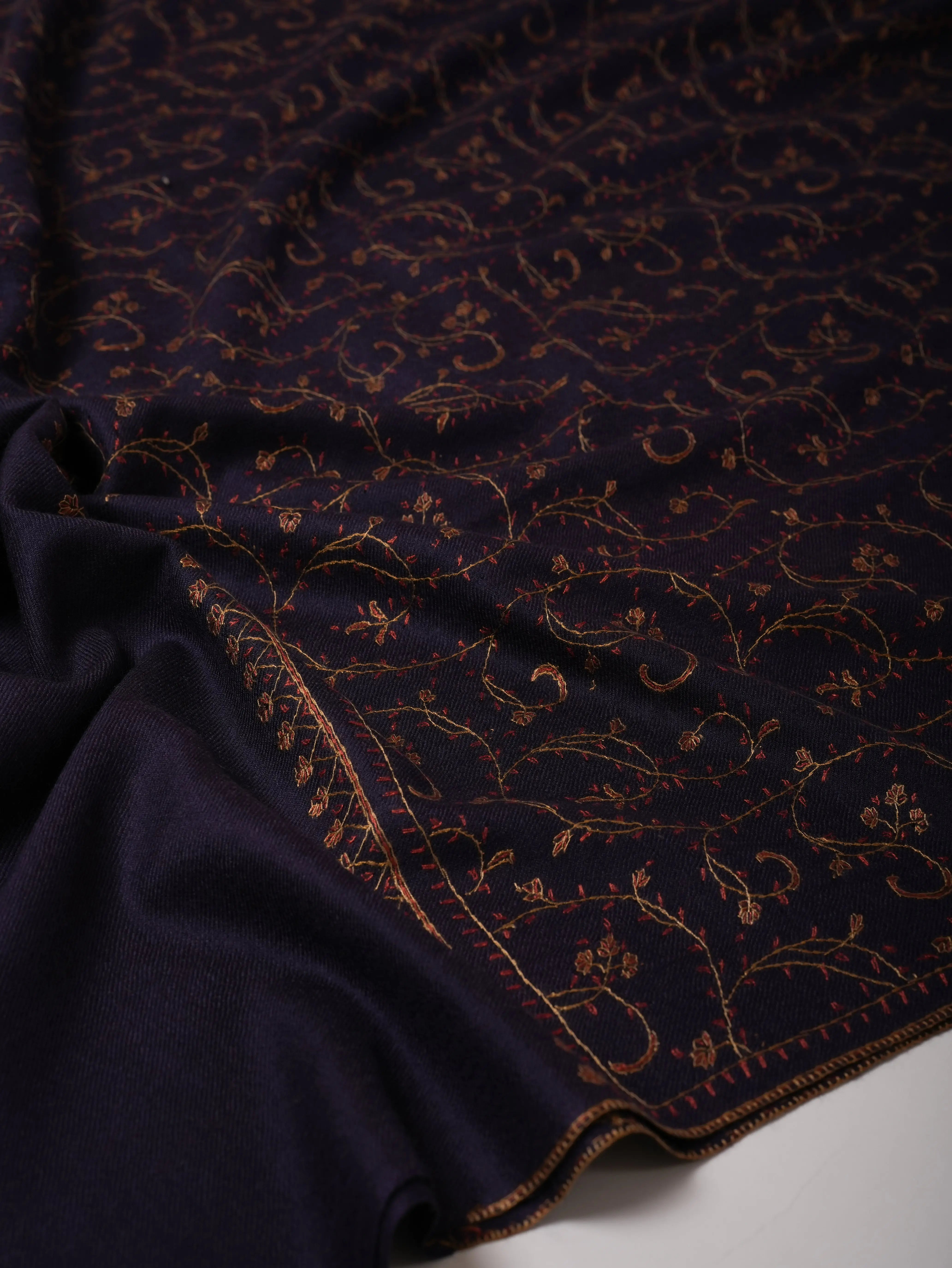 Dark Blue Fine Silk Wool Shawl with Handcrafted Jali Embroidery Shahkaar