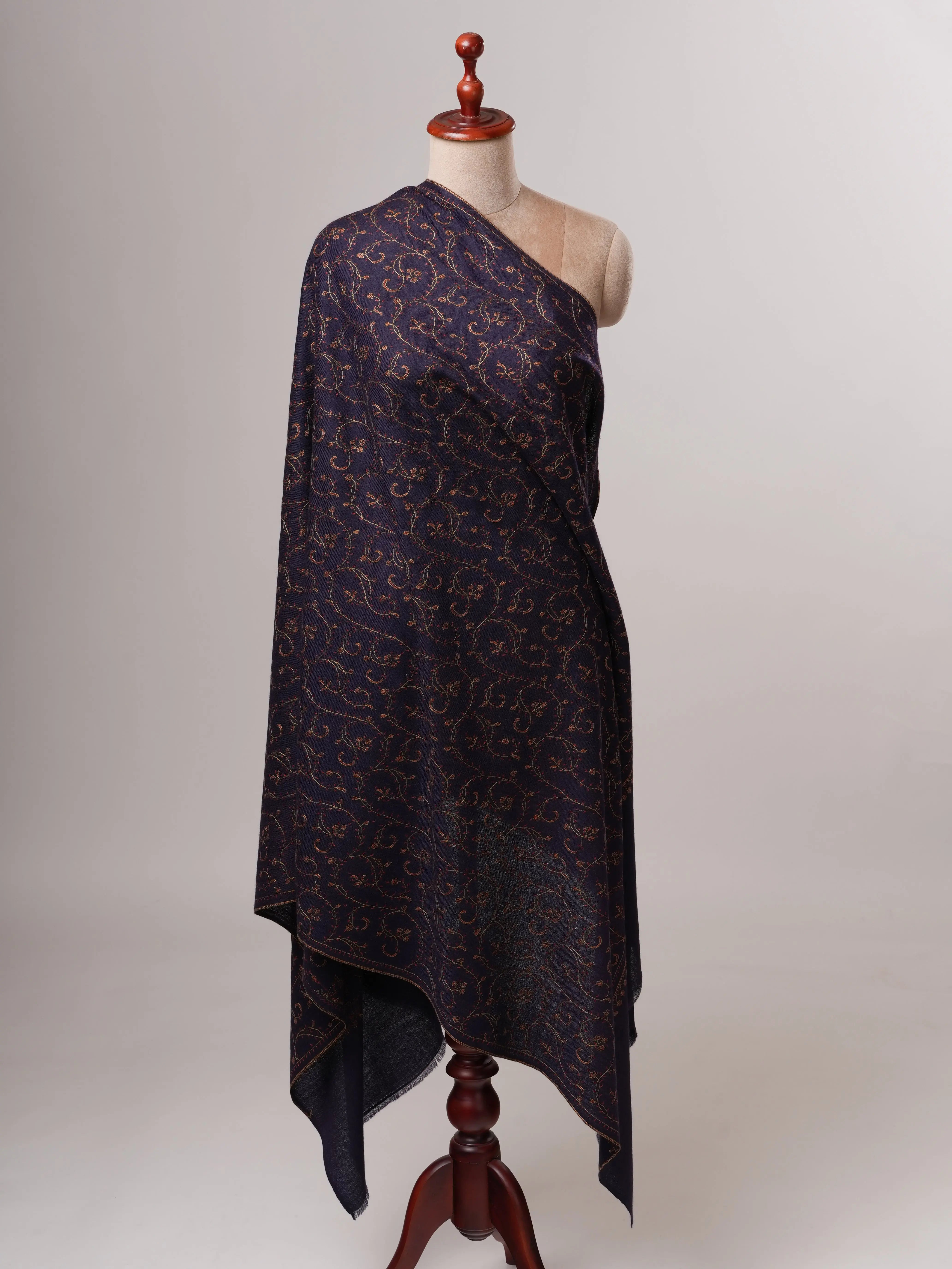 Dark Blue Fine Silk Wool Shawl with Handcrafted Jali Embroidery Shahkaar