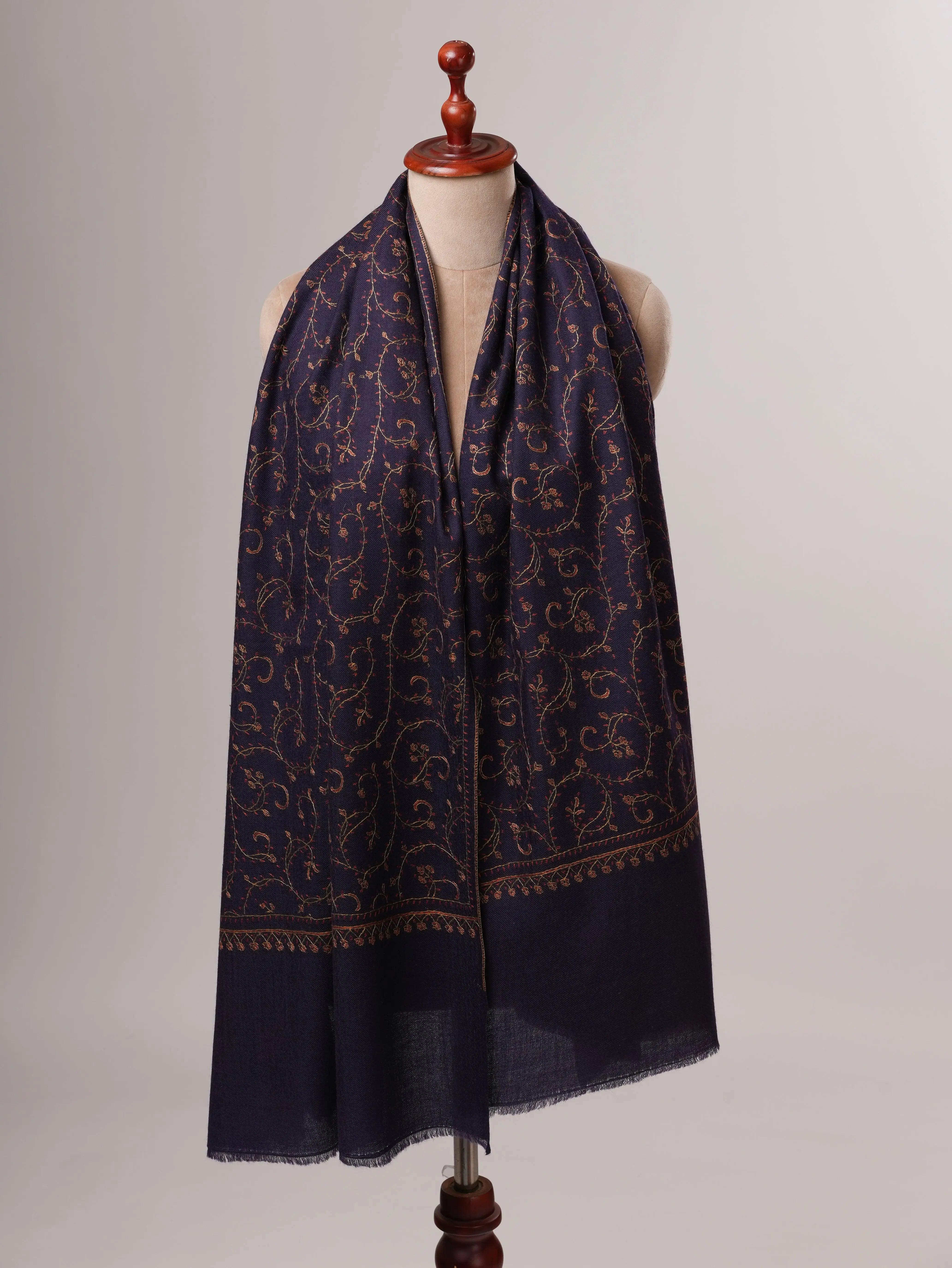 Dark Blue Fine Silk Wool Shawl with Handcrafted Jali Embroidery Shahkaar