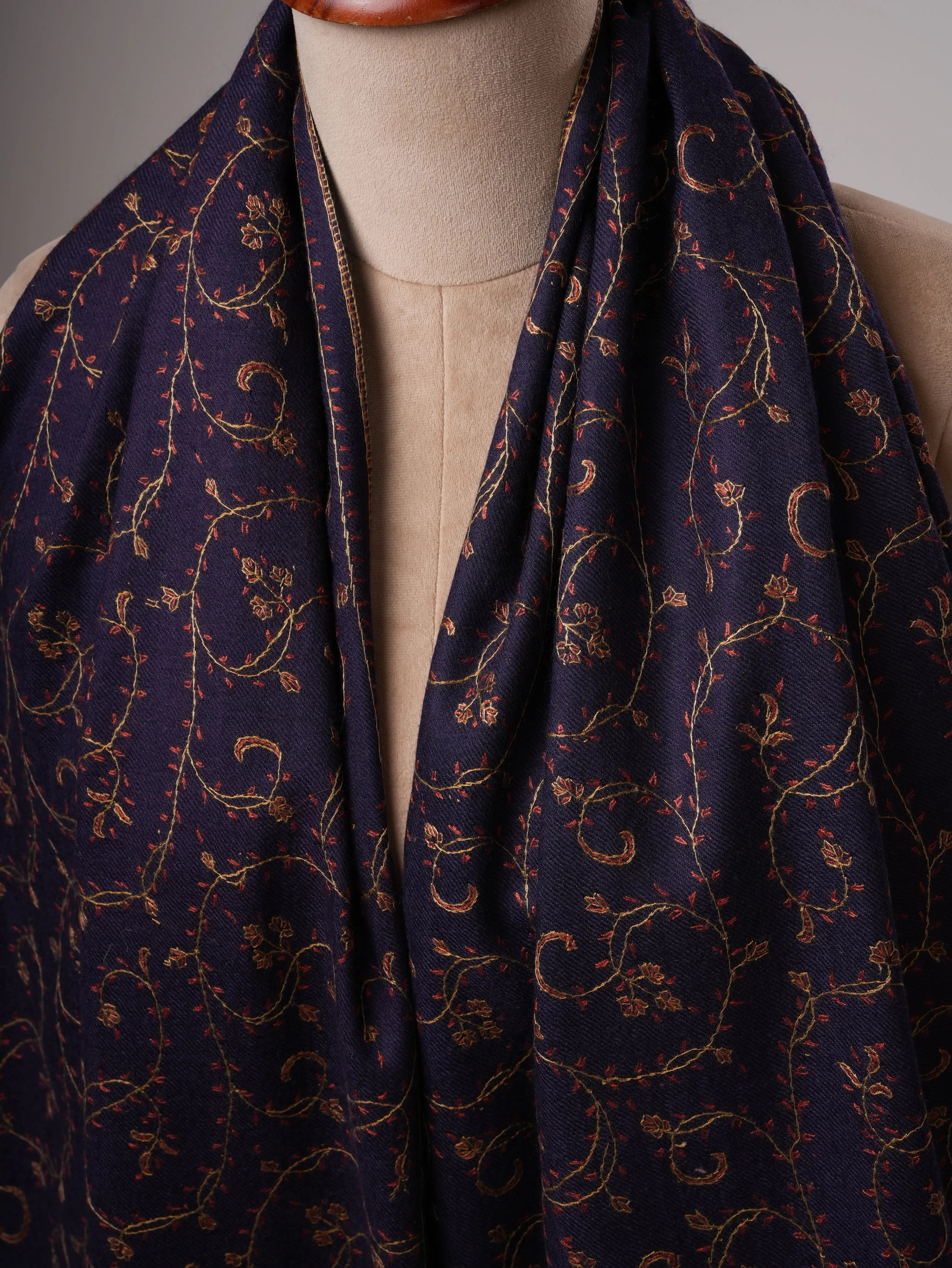 Dark Blue Fine Silk Wool Shawl with Handcrafted Jali Embroidery Shahkaar
