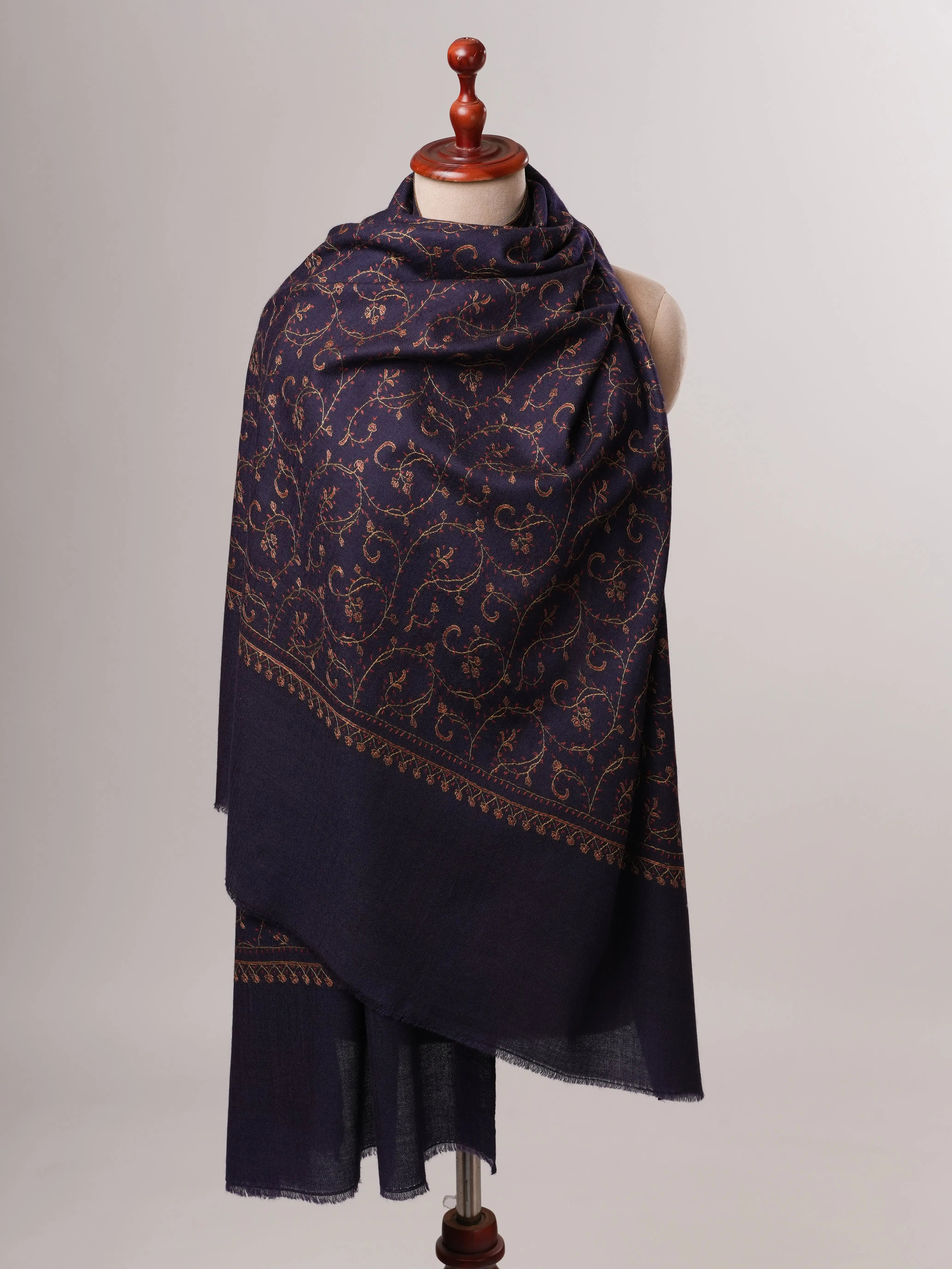 Dark Blue Fine Silk Wool Shawl with Handcrafted Jali Embroidery Shahkaar