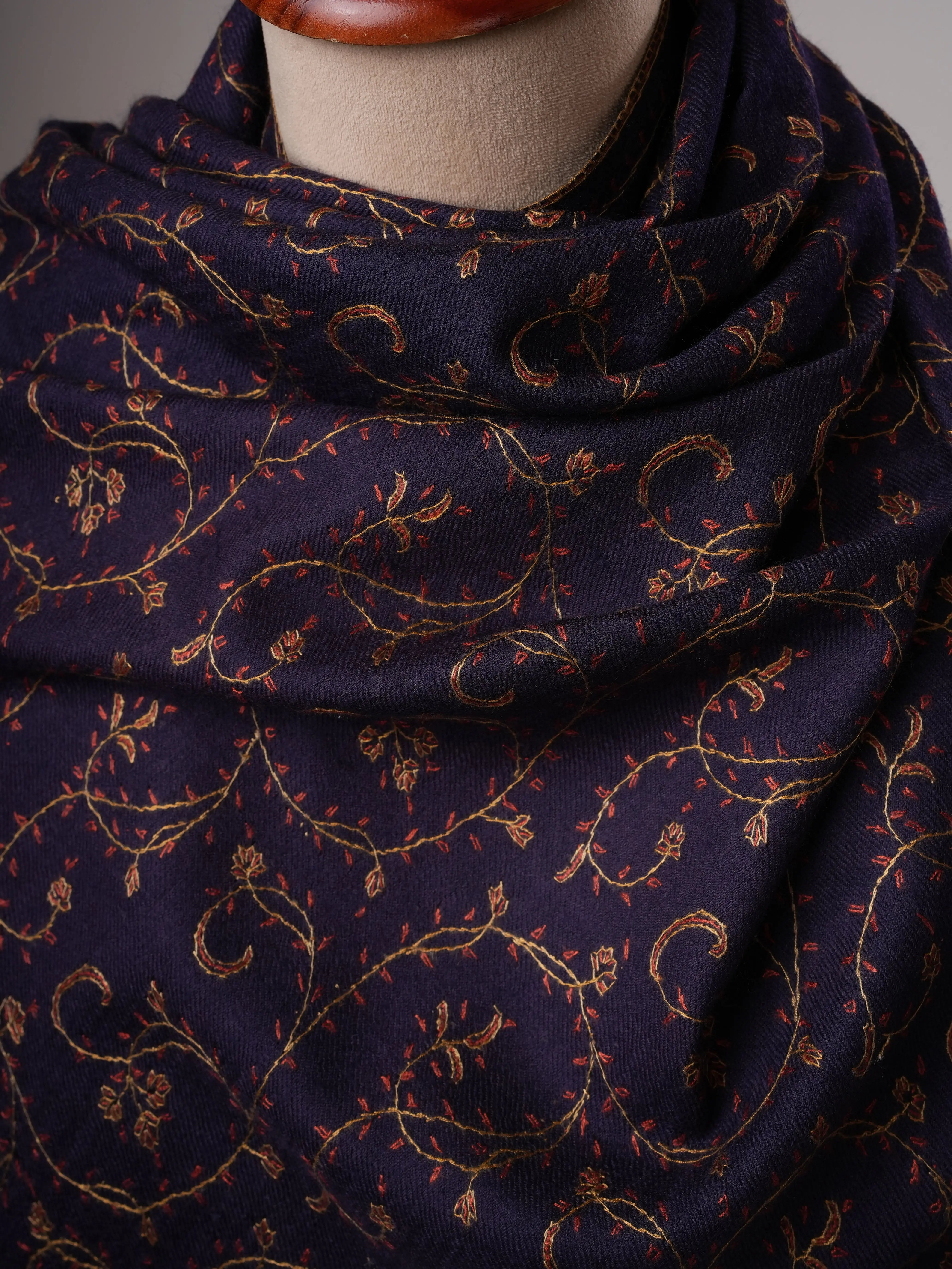 Dark Blue Fine Silk Wool Shawl with Handcrafted Jali Embroidery Shahkaar