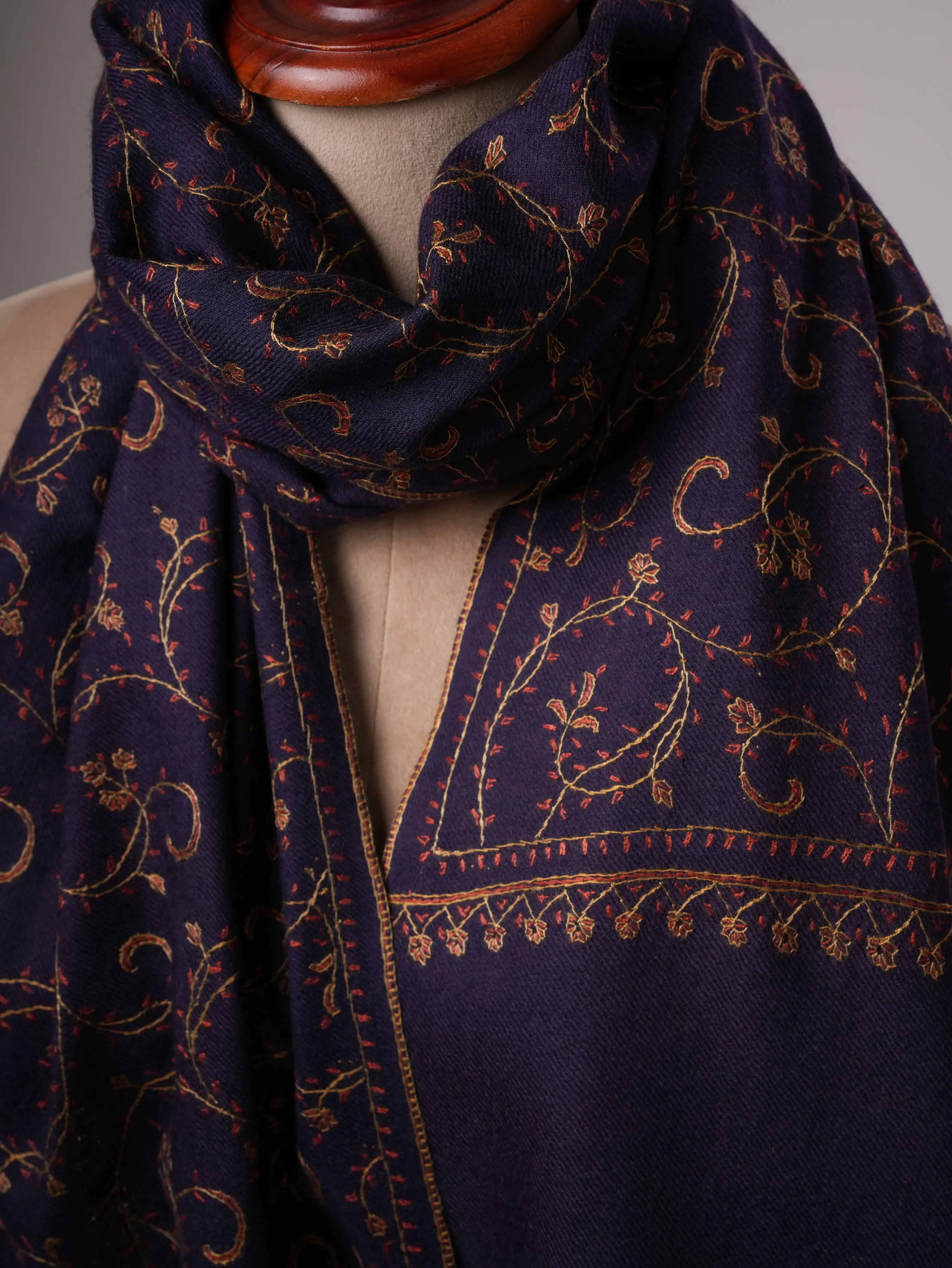 Dark Blue Fine Silk Wool Shawl with Handcrafted Jali Embroidery Shahkaar