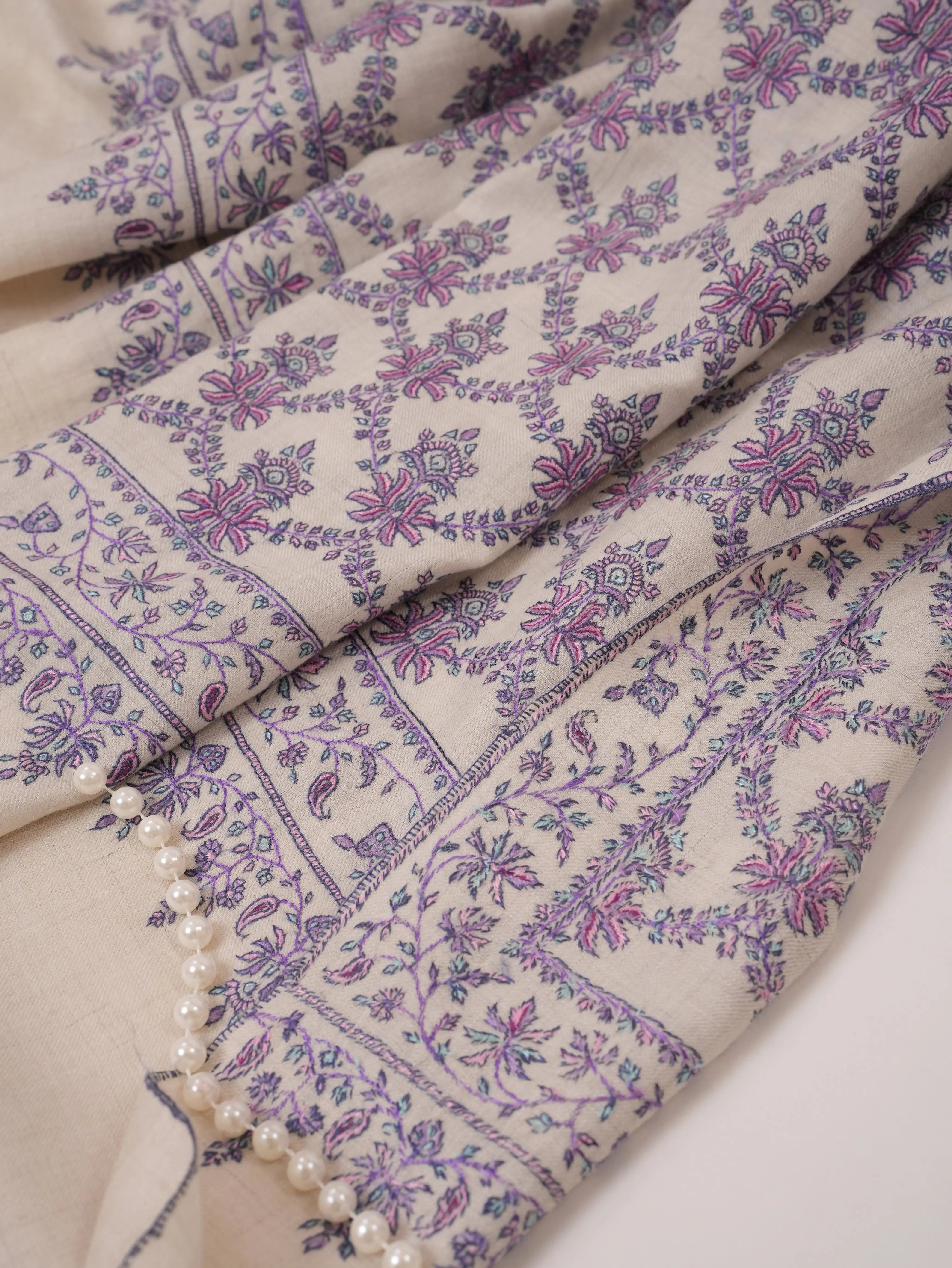 Off White Silk Embroidered Pure Pashmina Neem Jamavar Shawl Shahkaar.com