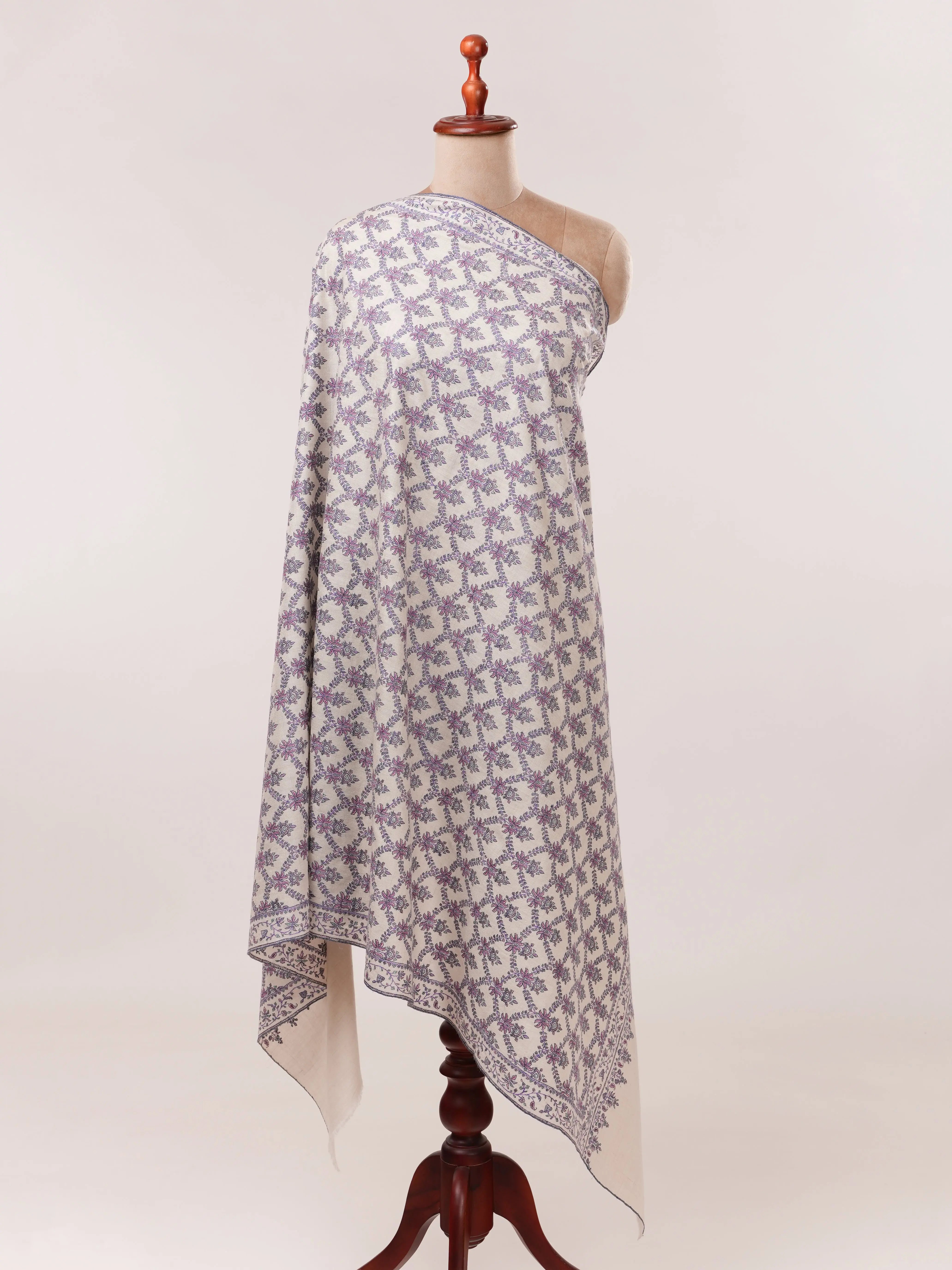 Off White Silk Embroidered Pure Pashmina Neem Jamavar Shawl Shahkaar.com