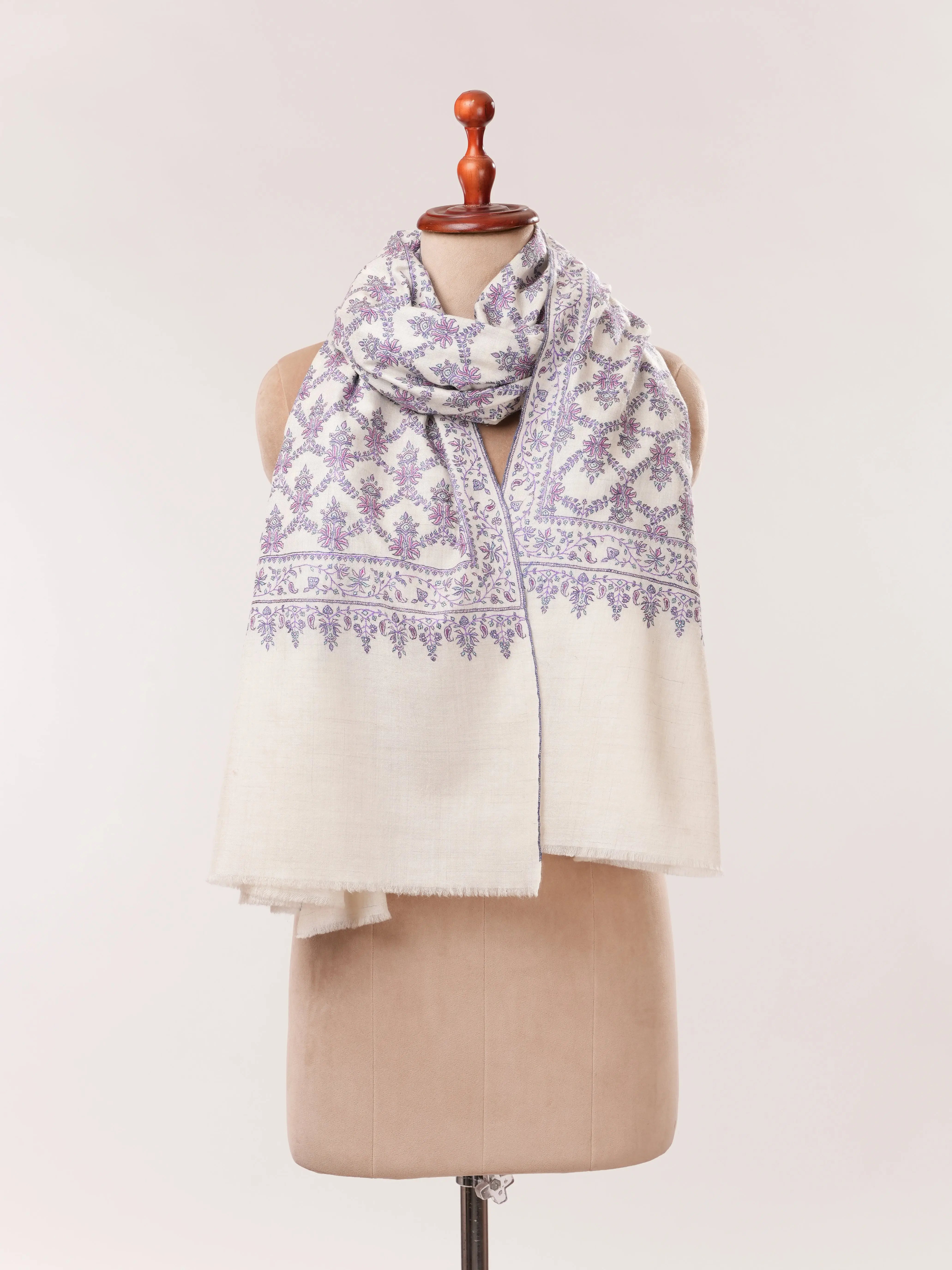 Off White Silk Embroidered Pure Pashmina Neem Jamavar Shawl Shahkaar.com
