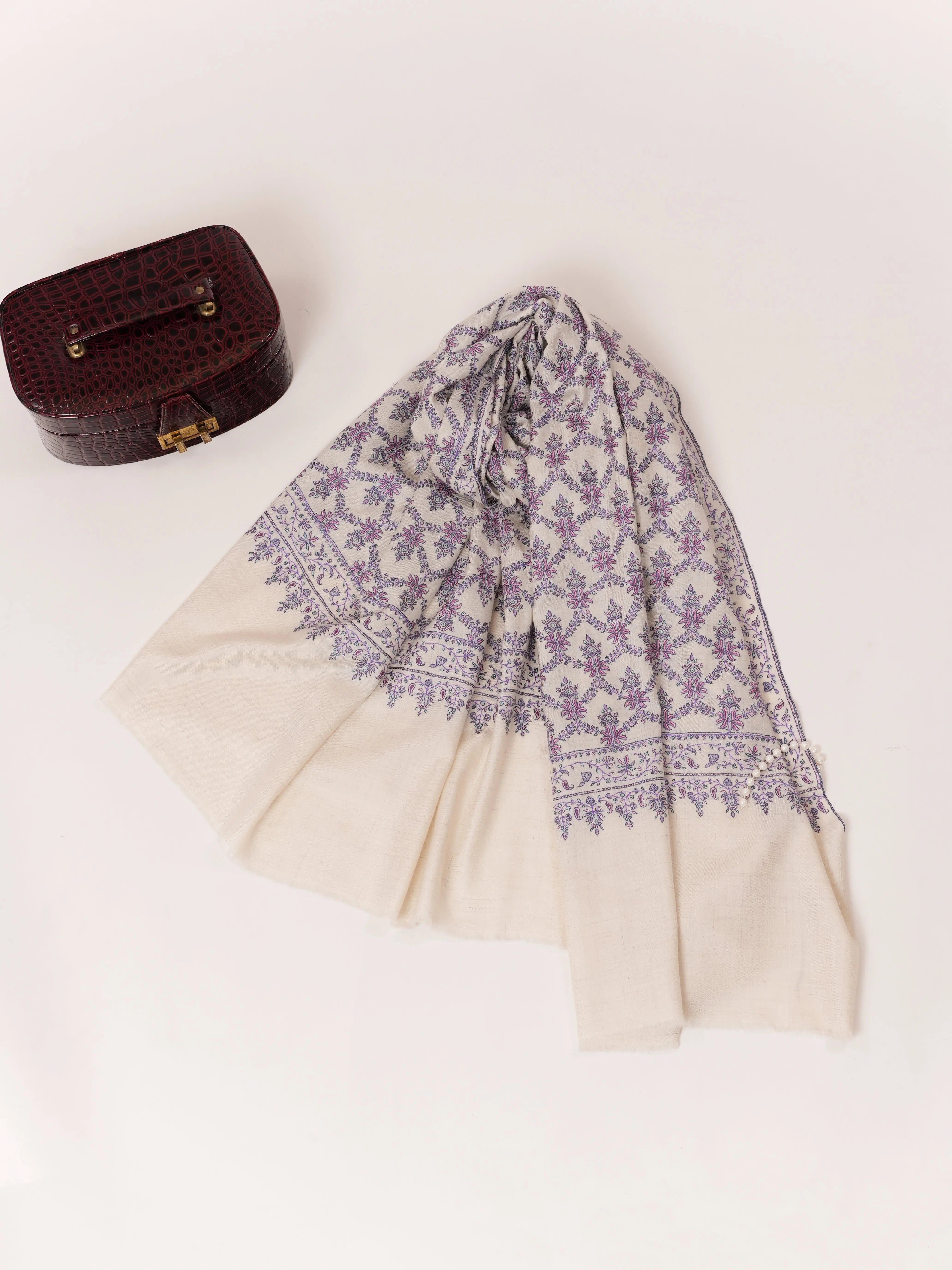 Off White Silk Embroidered Pure Pashmina Neem Jamavar Shawl Shahkaar.com
