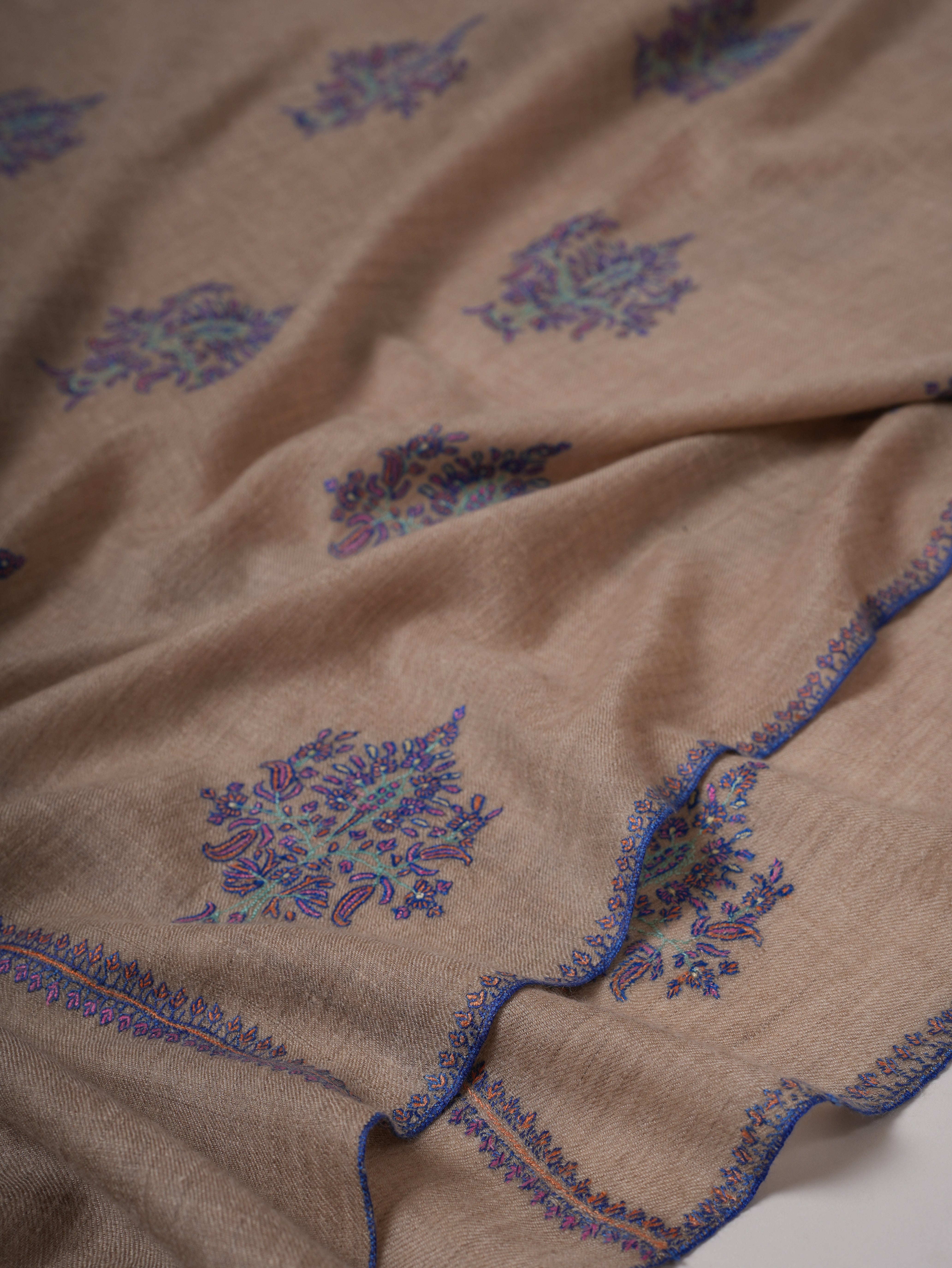 Natural Grey Handwoven Soft Pashmina Shawl with Buteh Embroidery Shahkaar