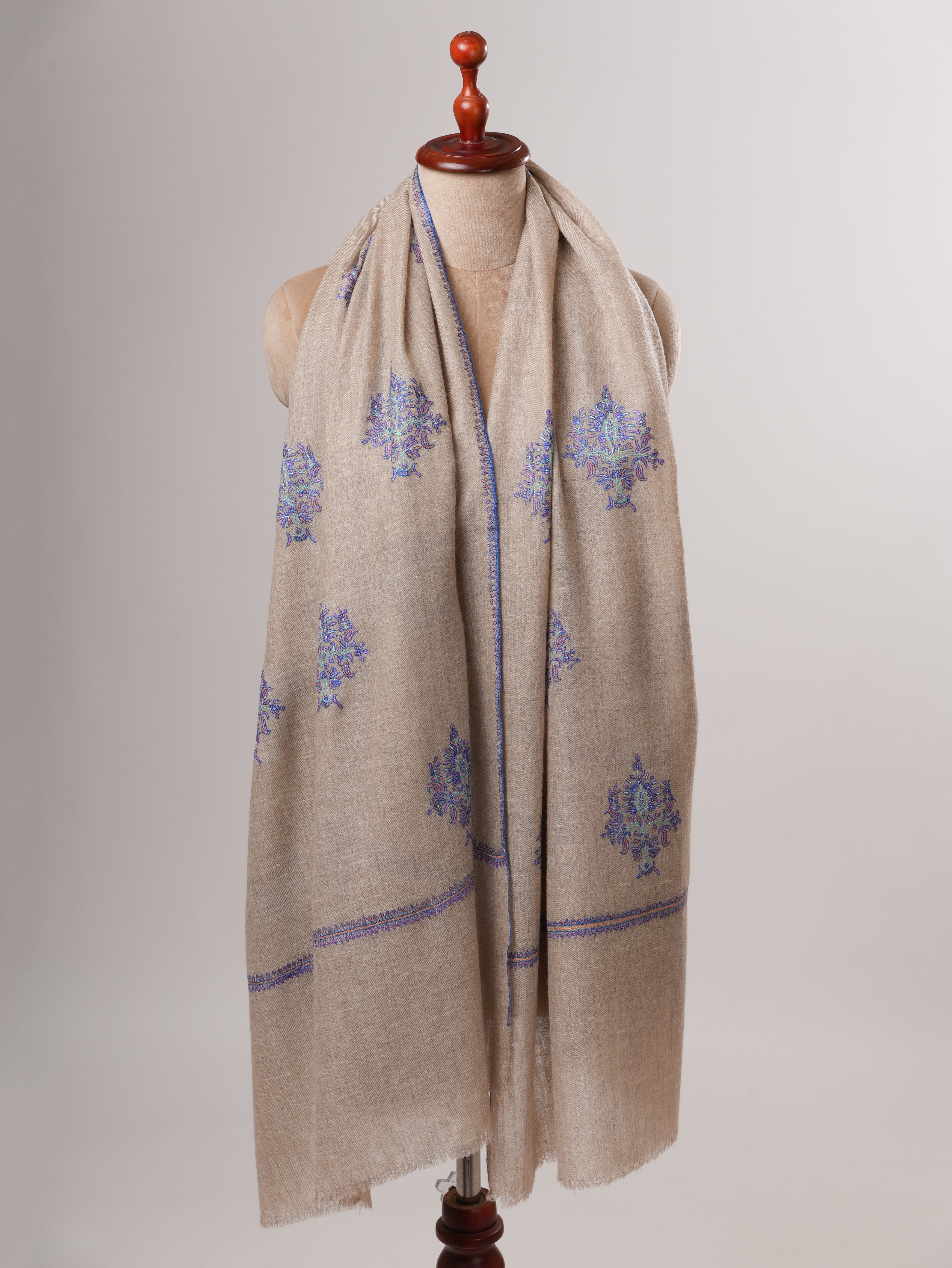 Natural Grey Handwoven Soft Pashmina Shawl with Buteh Embroidery Shahkaar