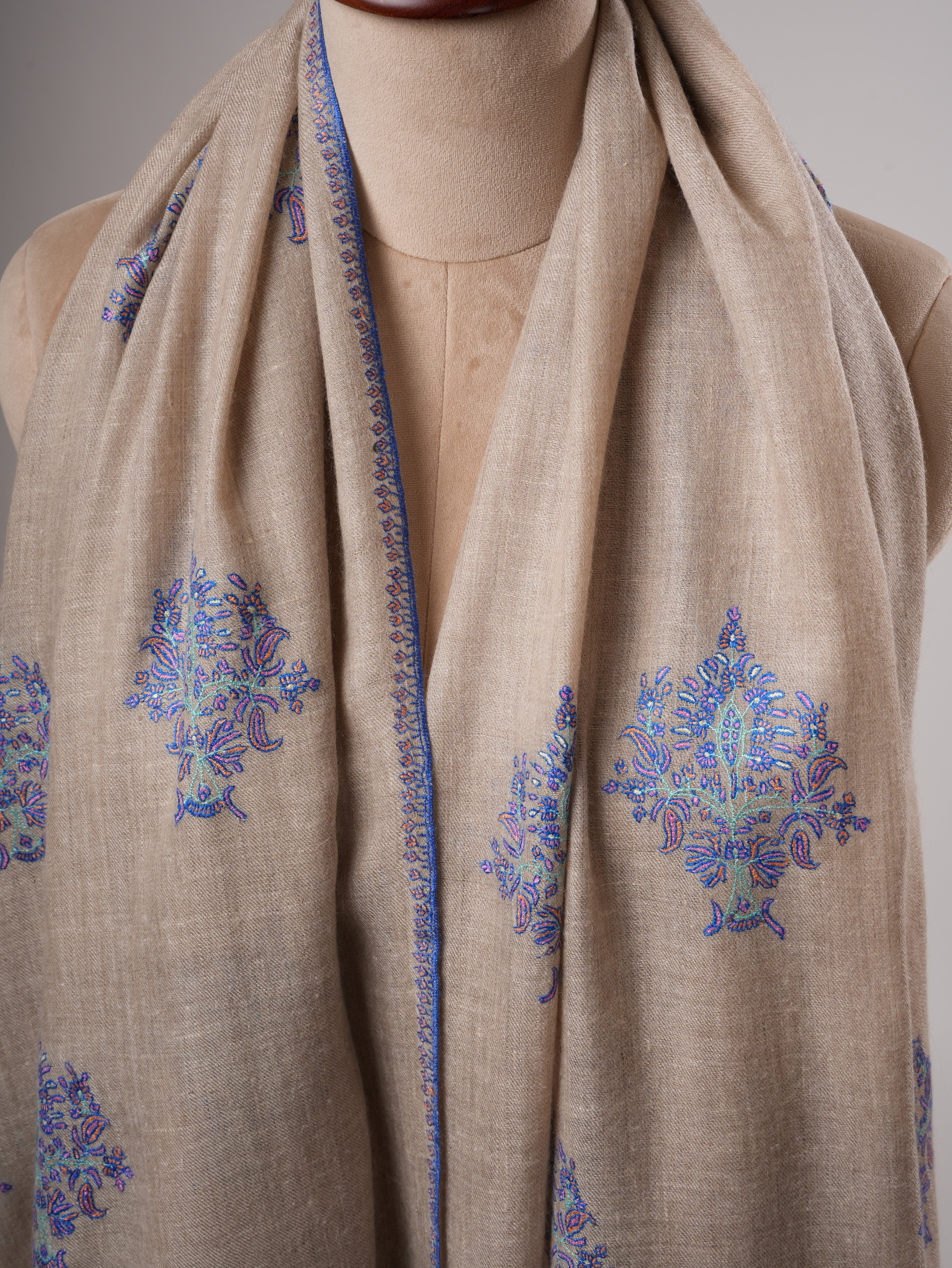 Natural Grey Handwoven Soft Pashmina Shawl with Buteh Embroidery Shahkaar