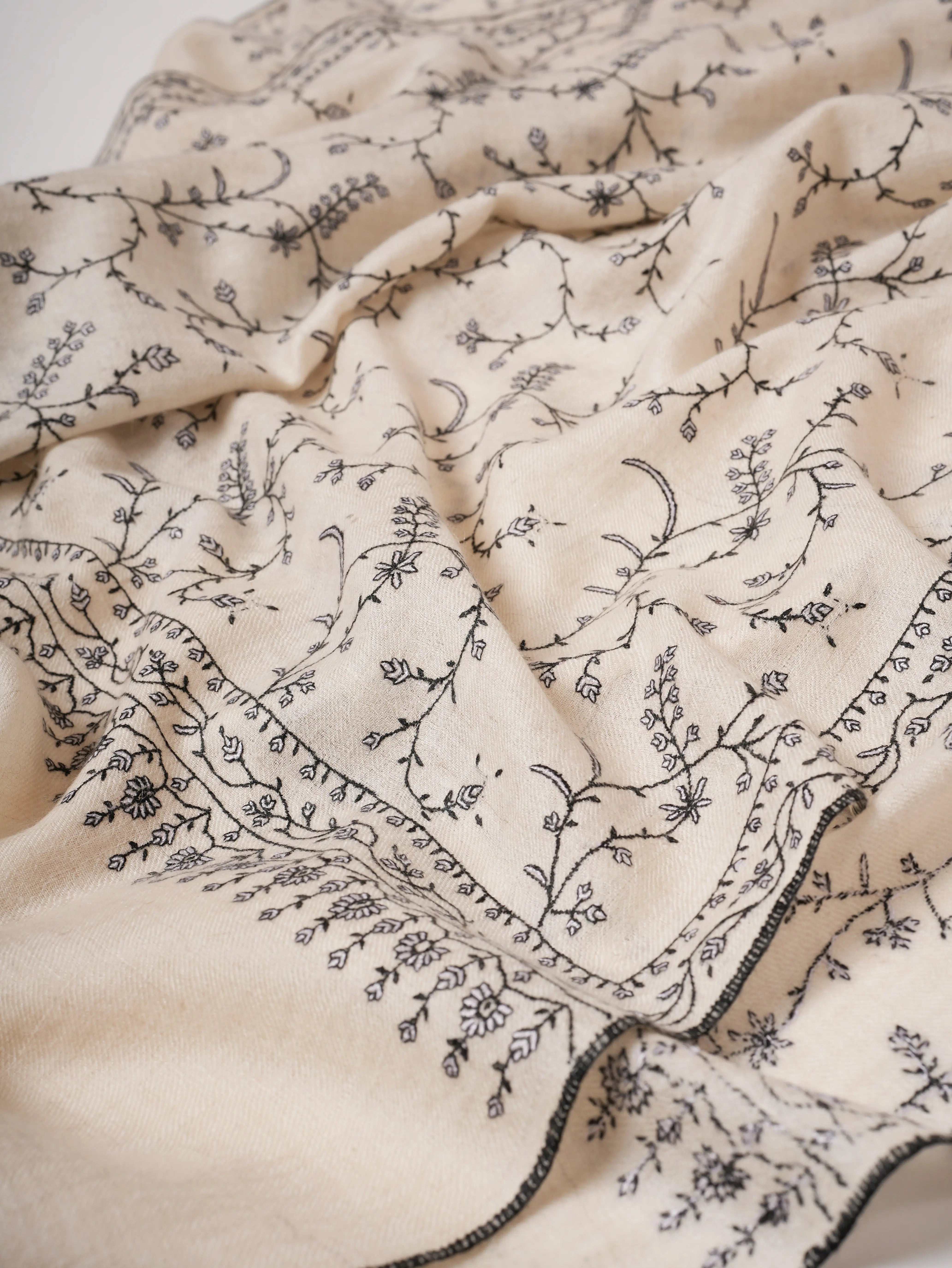 Ivory Kashmiri Pashmina Shawl with Sozni Jali Embroidery Shahkaar
