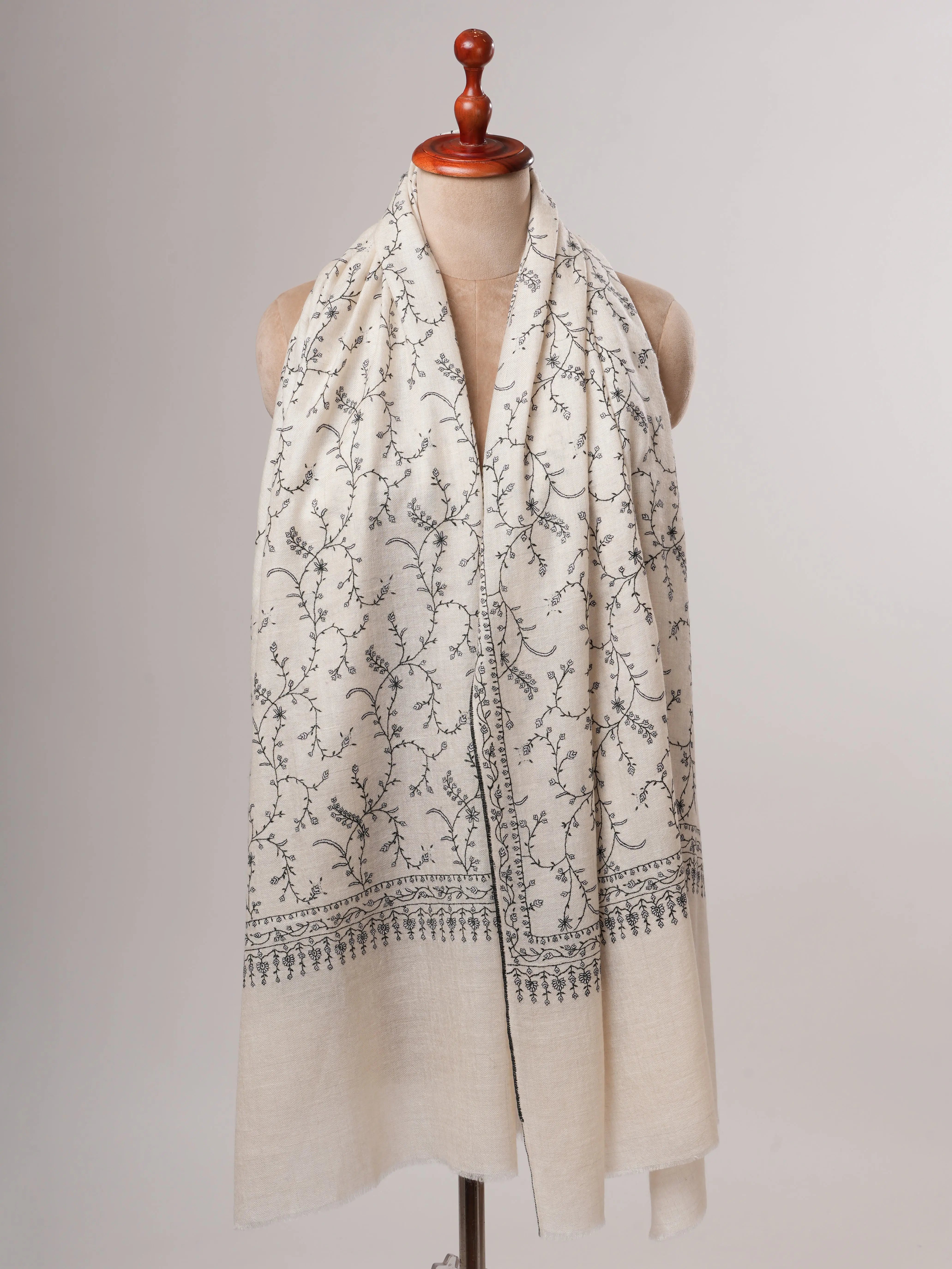 Ivory Kashmiri Pashmina Shawl with Sozni Jali Embroidery Shahkaar