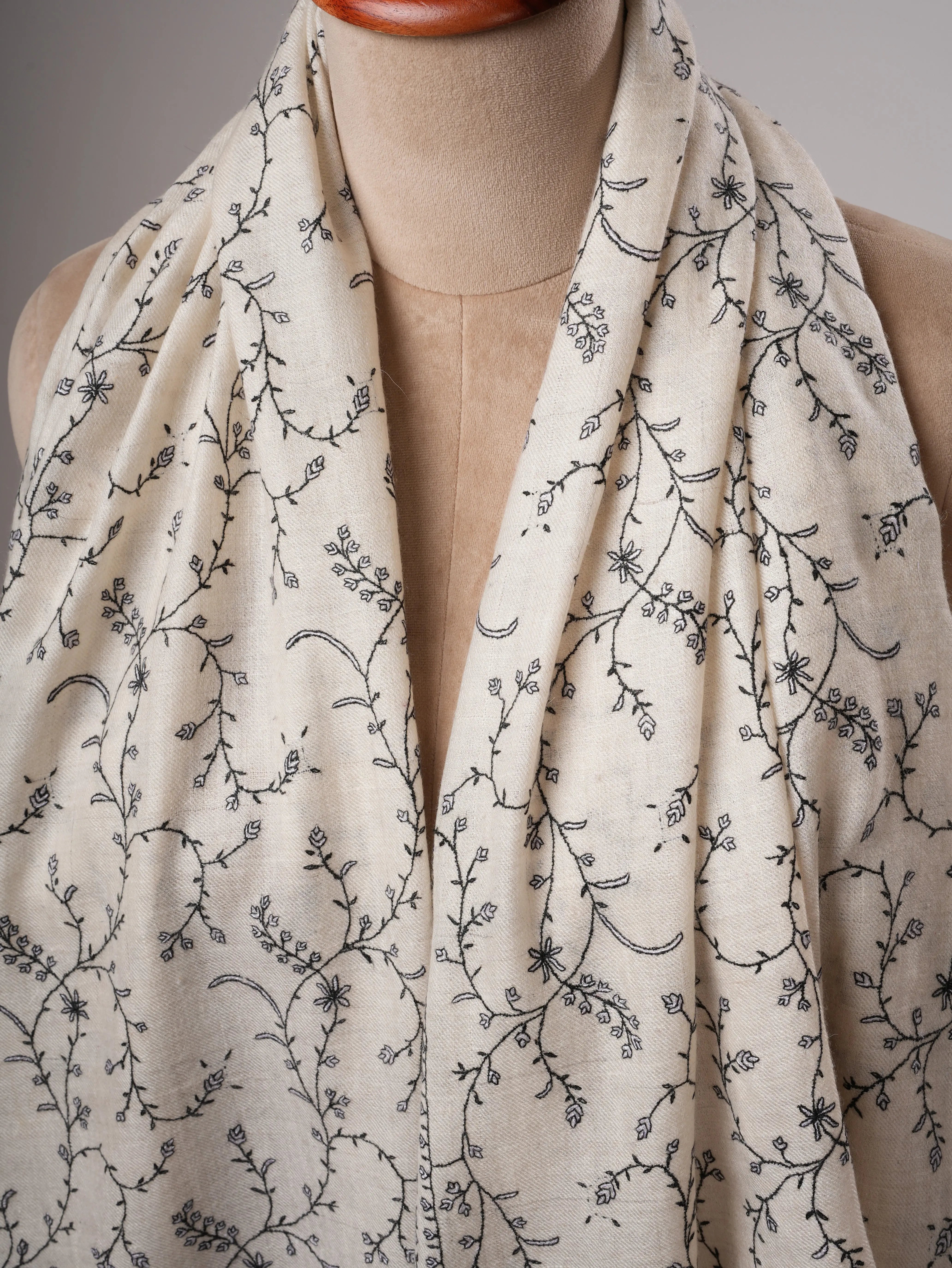 Ivory Kashmiri Pashmina Shawl with Sozni Jali Embroidery Shahkaar