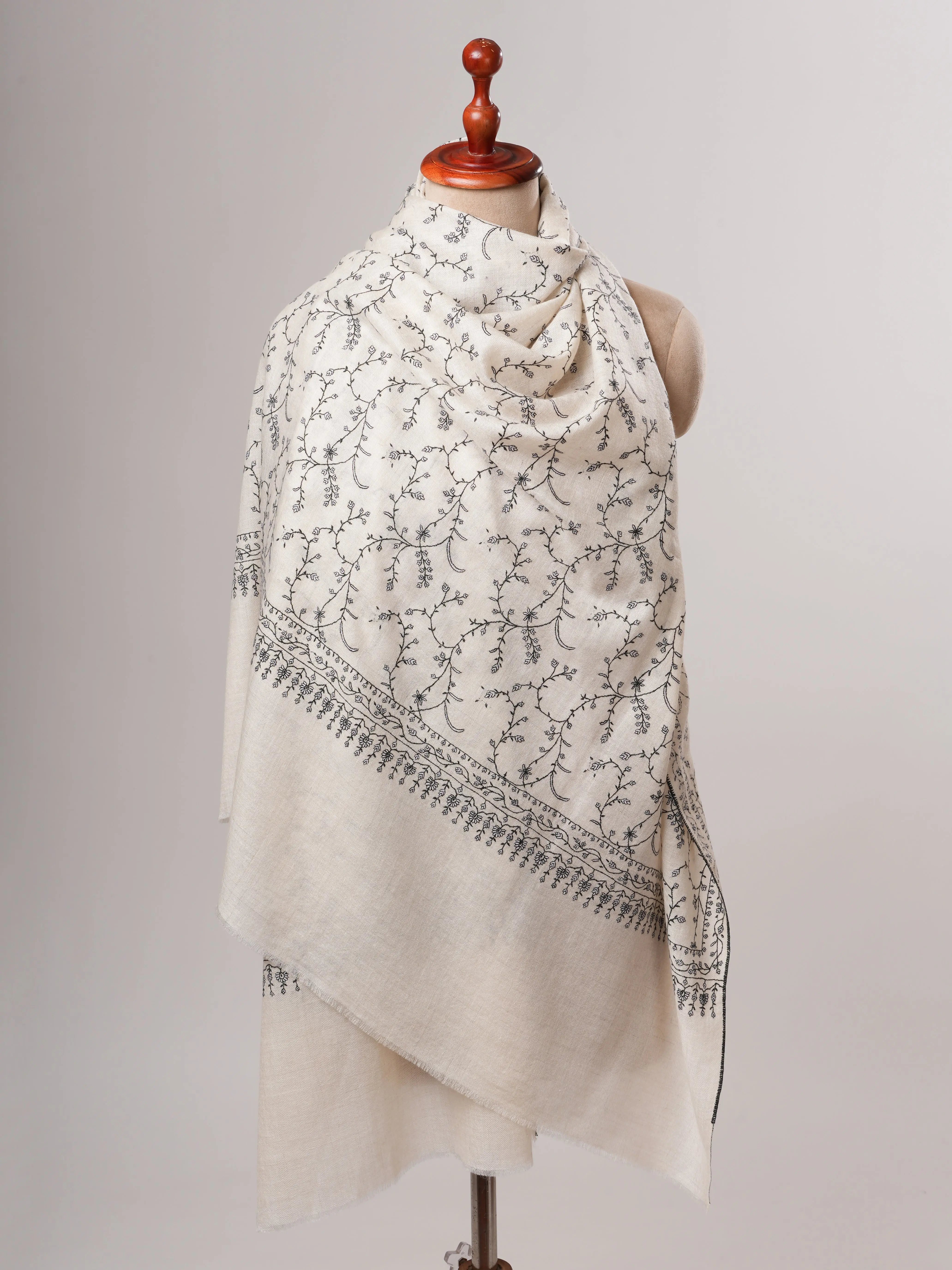 Ivory Kashmiri Pashmina Shawl with Sozni Jali Embroidery Shahkaar