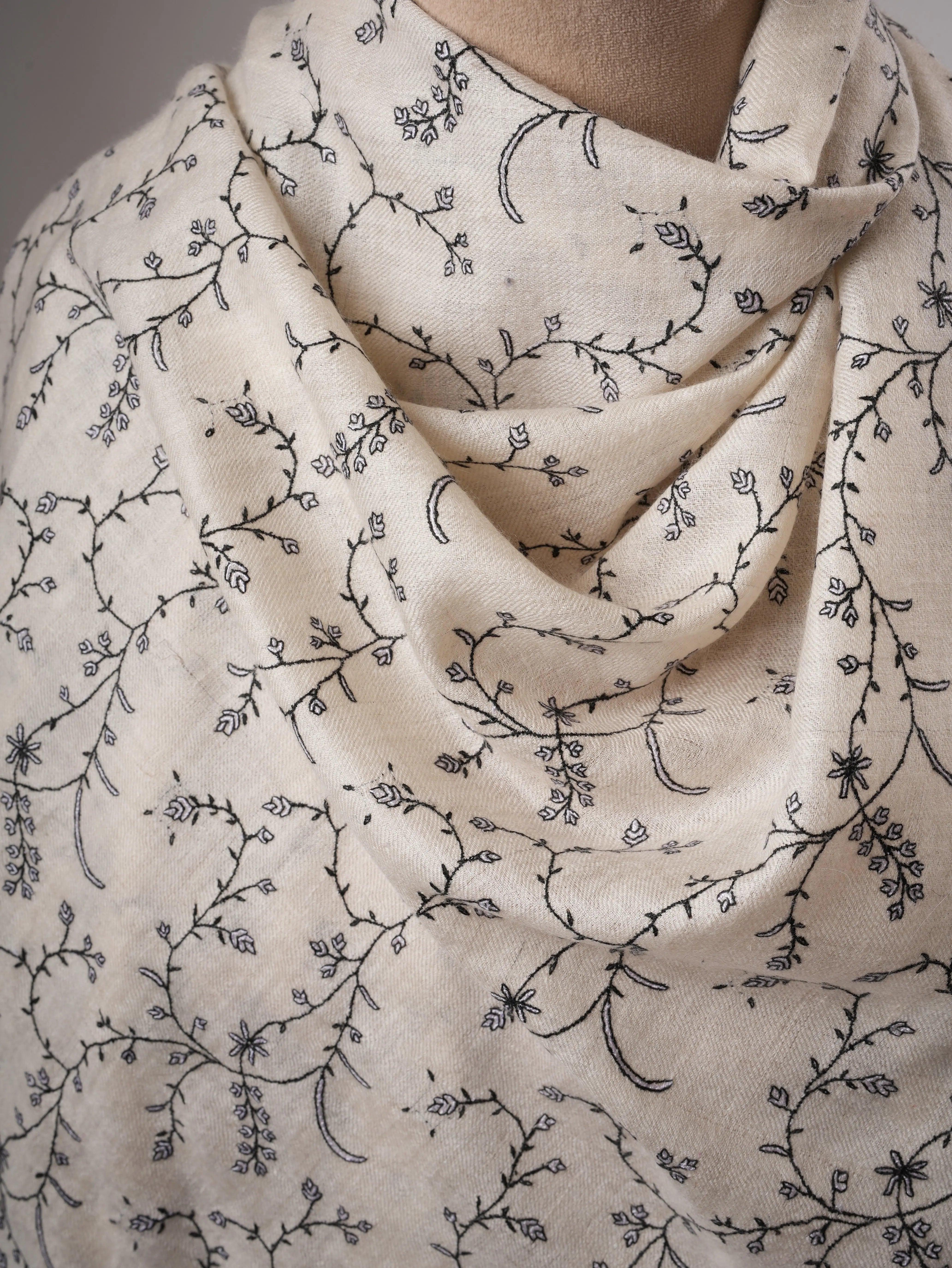 Ivory Kashmiri Pashmina Shawl with Sozni Jali Embroidery Shahkaar