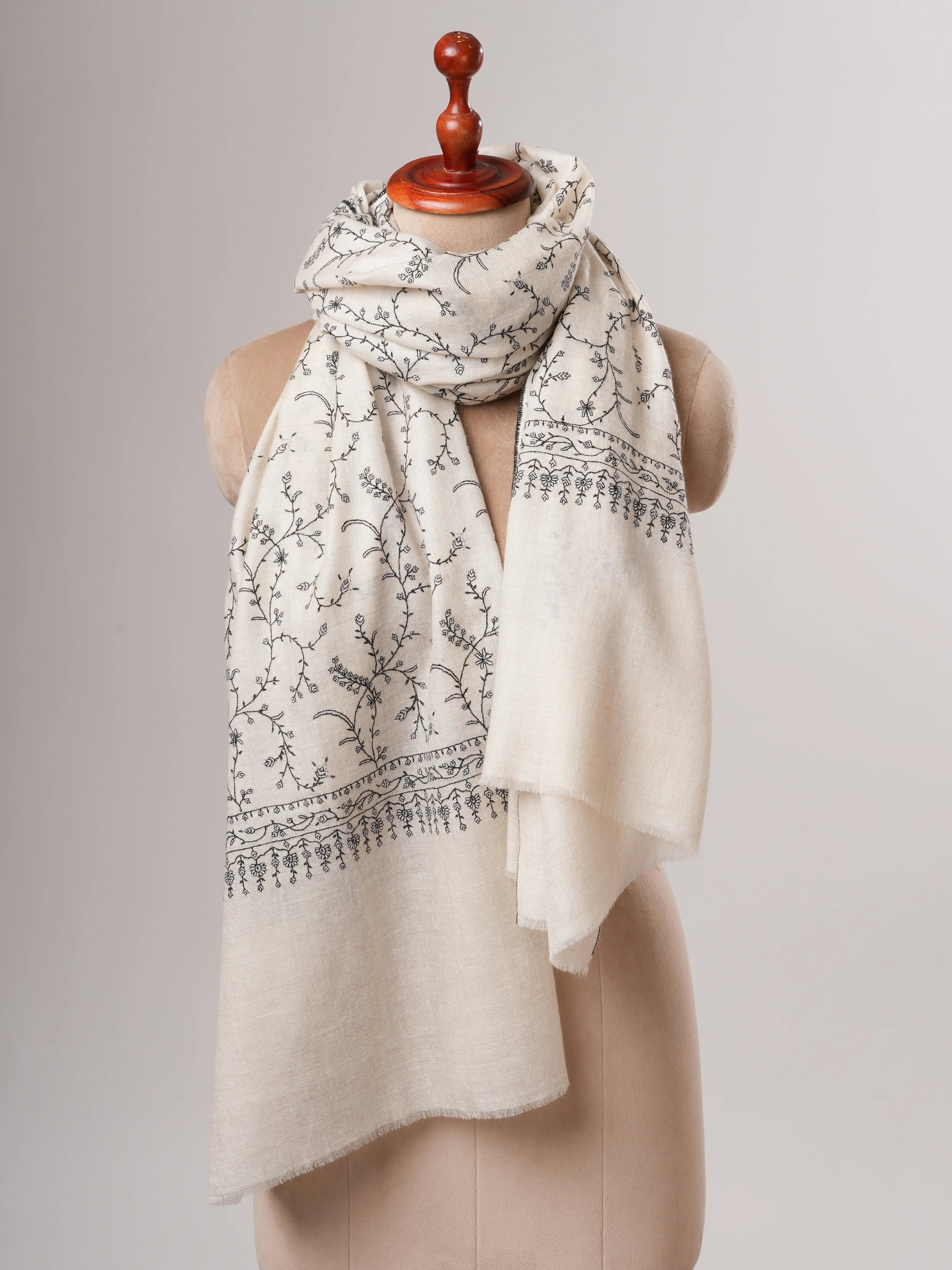 Ivory Kashmiri Pashmina Shawl with Sozni Jali Embroidery Shahkaar