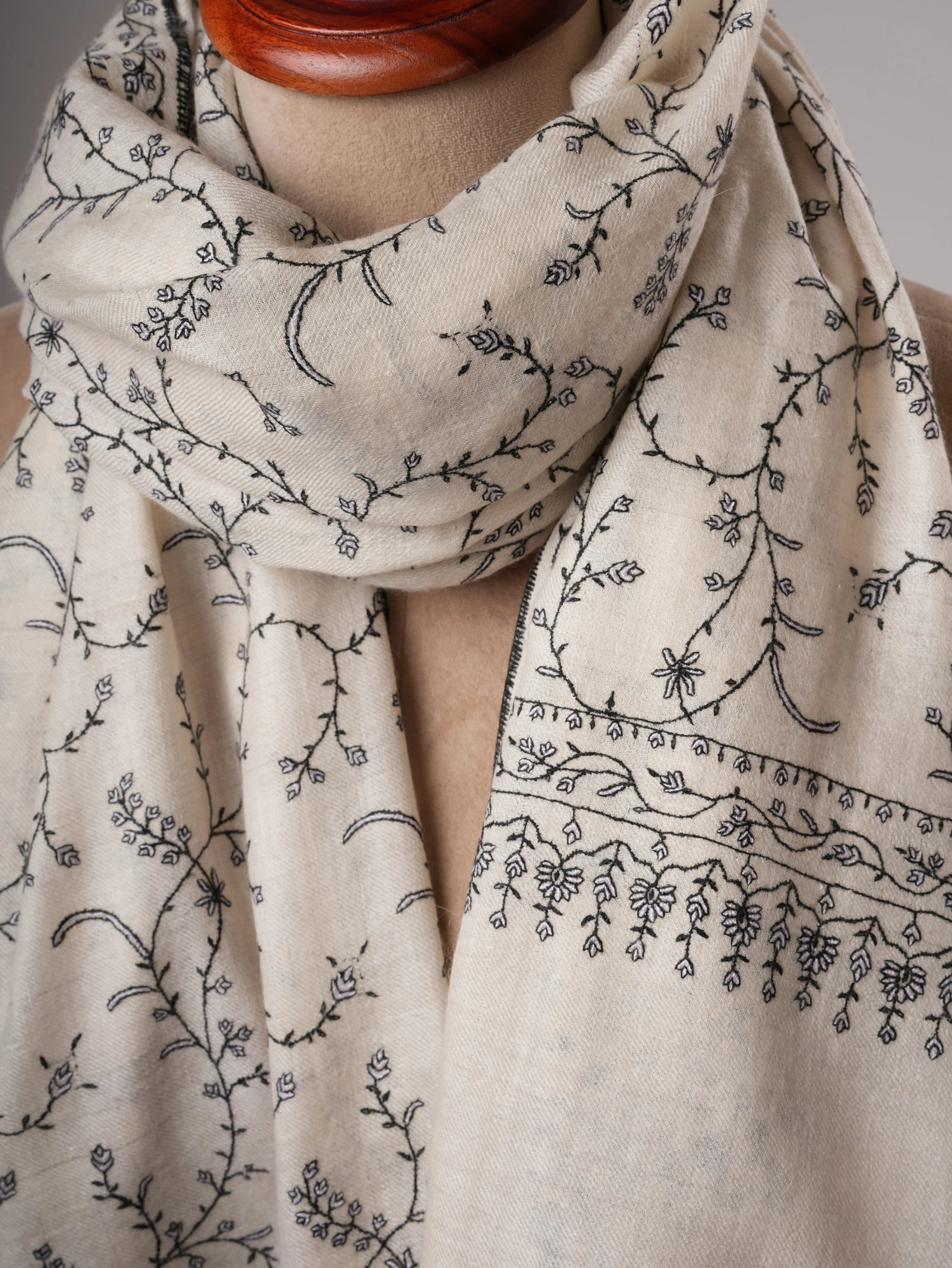 Ivory Kashmiri Pashmina Shawl with Sozni Jali Embroidery Shahkaar