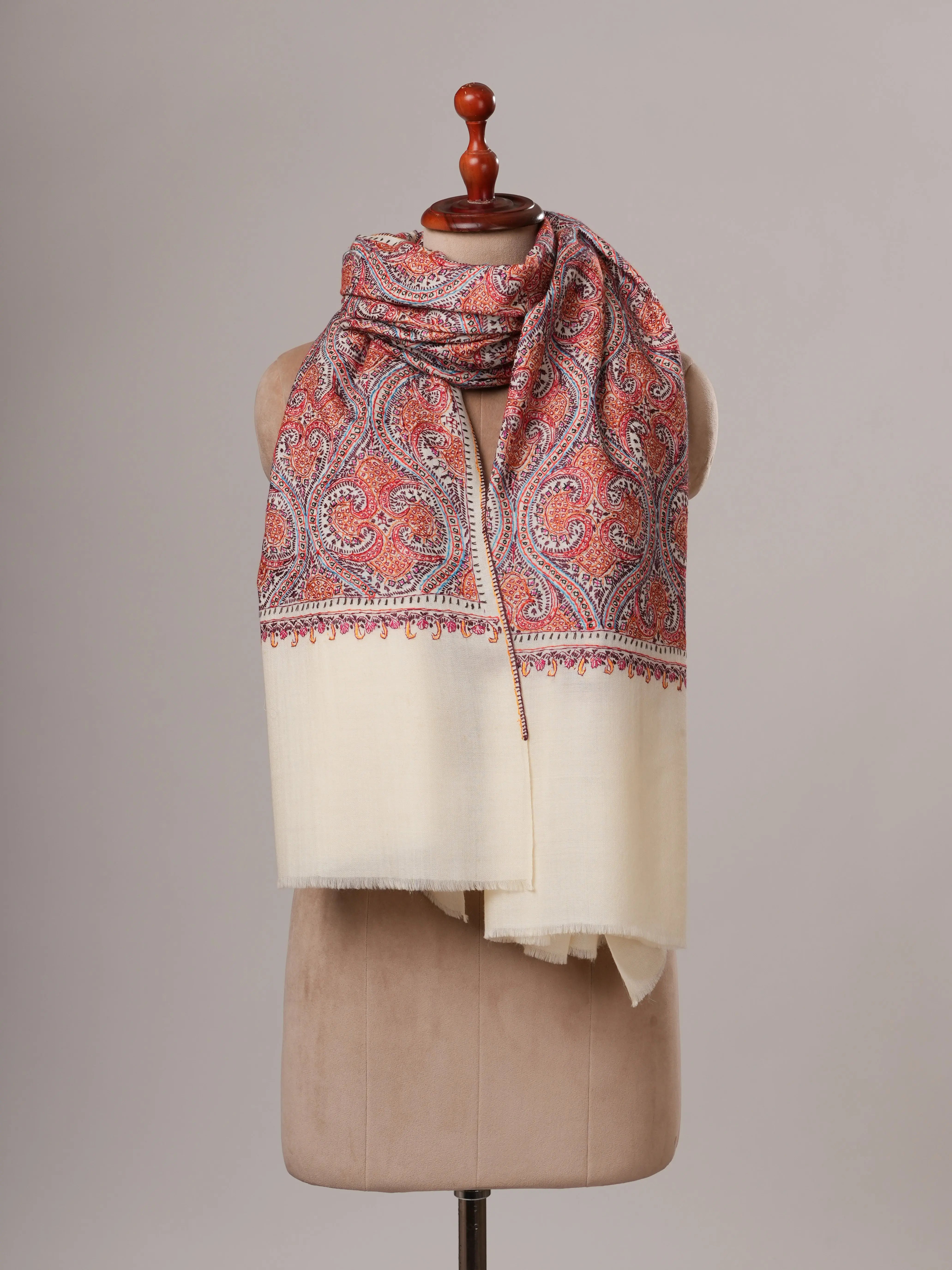 Ivory Hand Embroidered Fine Wool Jamavar Shawl Shahkaar