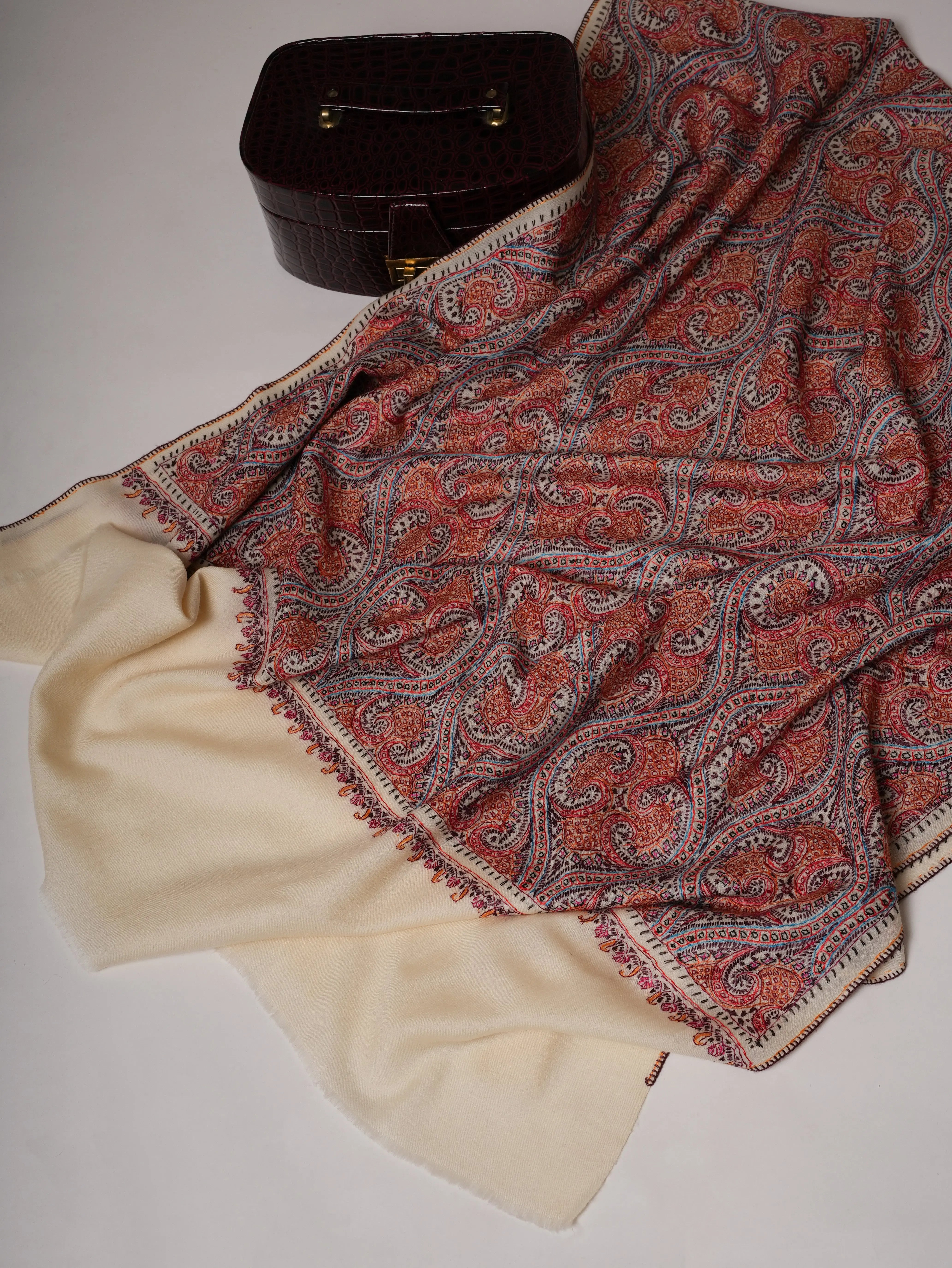 Ivory Hand Embroidered Fine Wool Jamavar Shawl Shahkaar