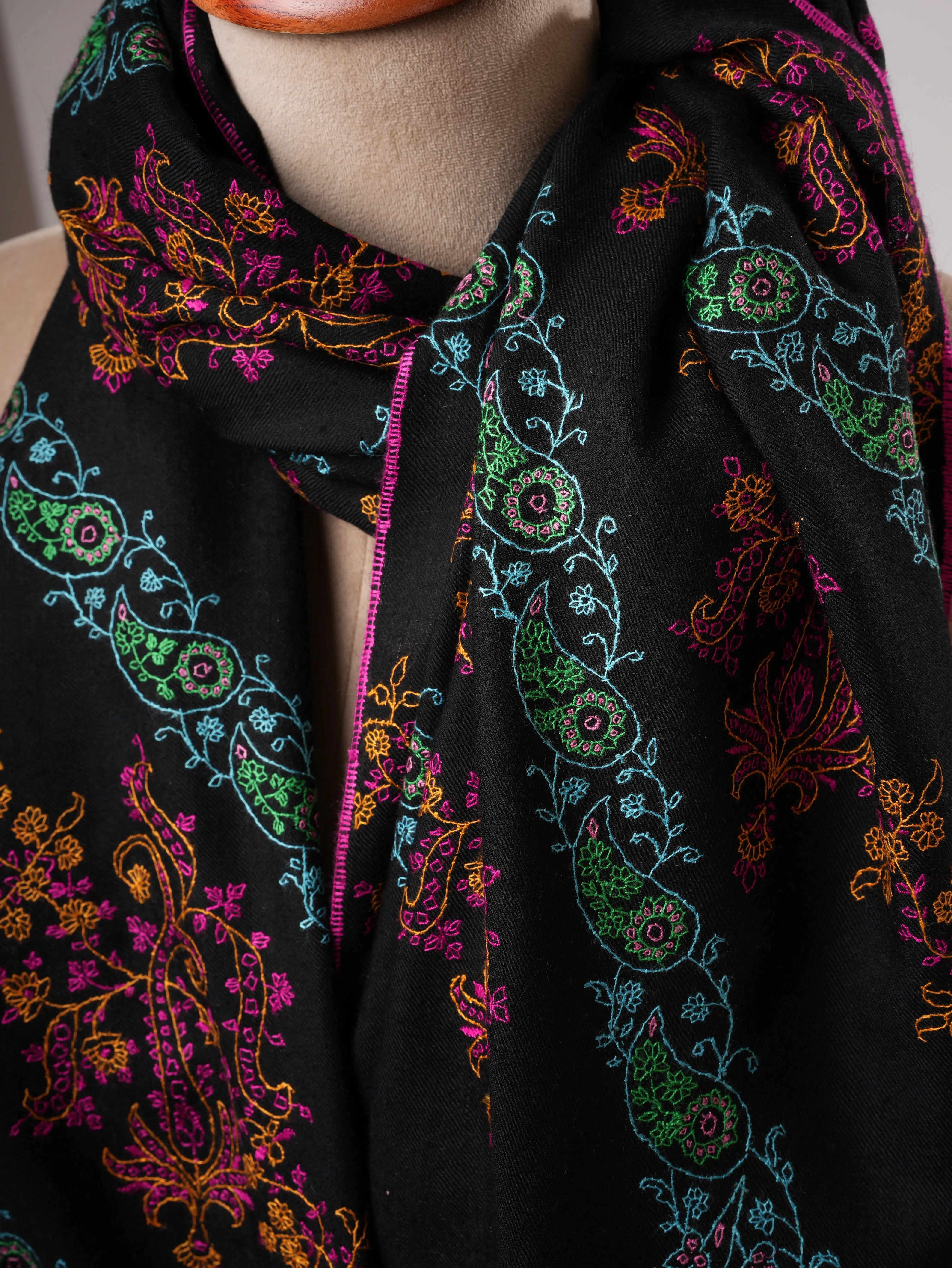 Black Kashmiri Pure Pashmina Shawl with Hand Embroidery Shahkaar