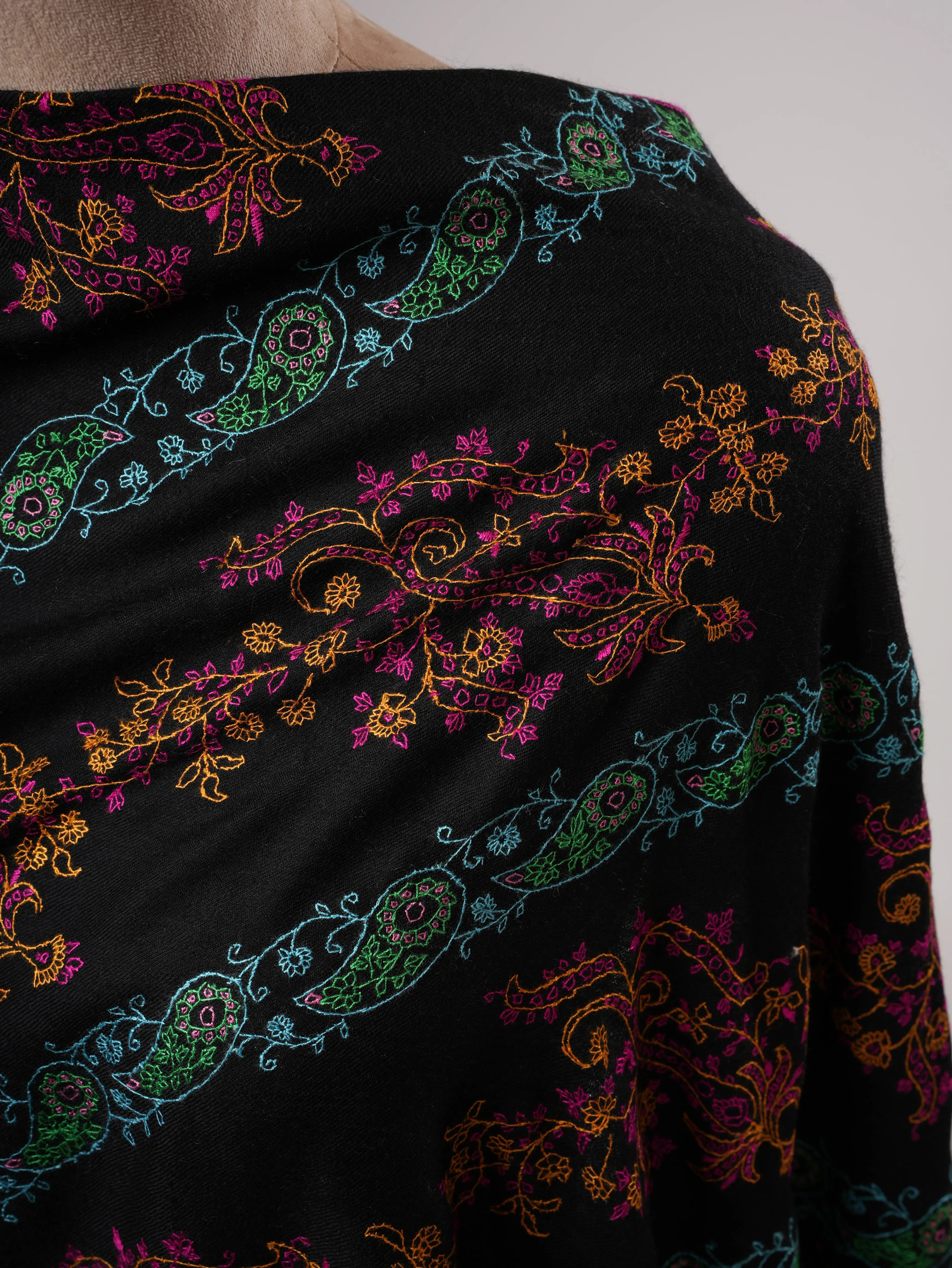 Black Kashmiri Pure Pashmina Shawl with Hand Embroidery Shahkaar