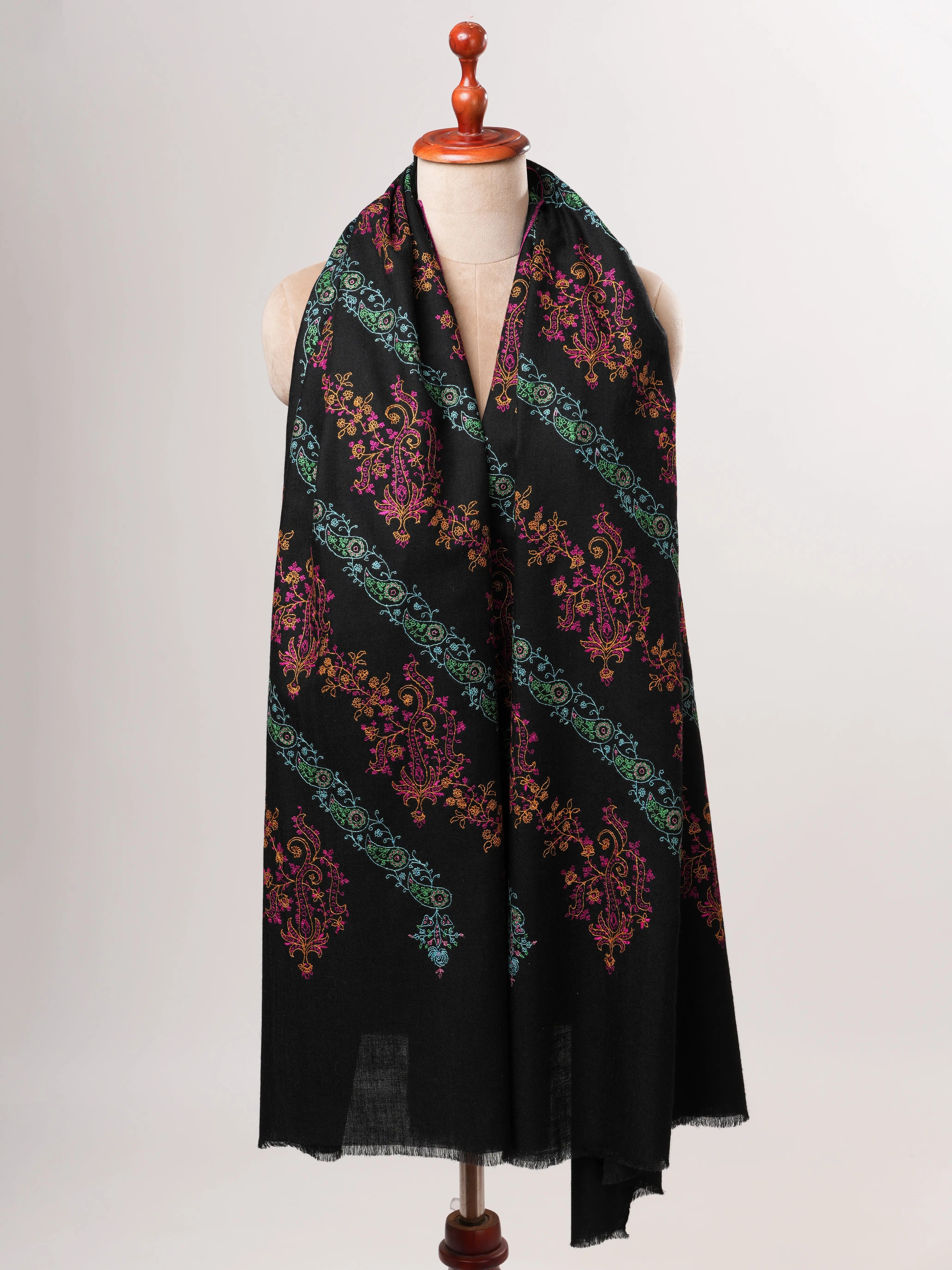 Black Kashmiri Pure Pashmina Shawl with Hand Embroidery Shahkaar