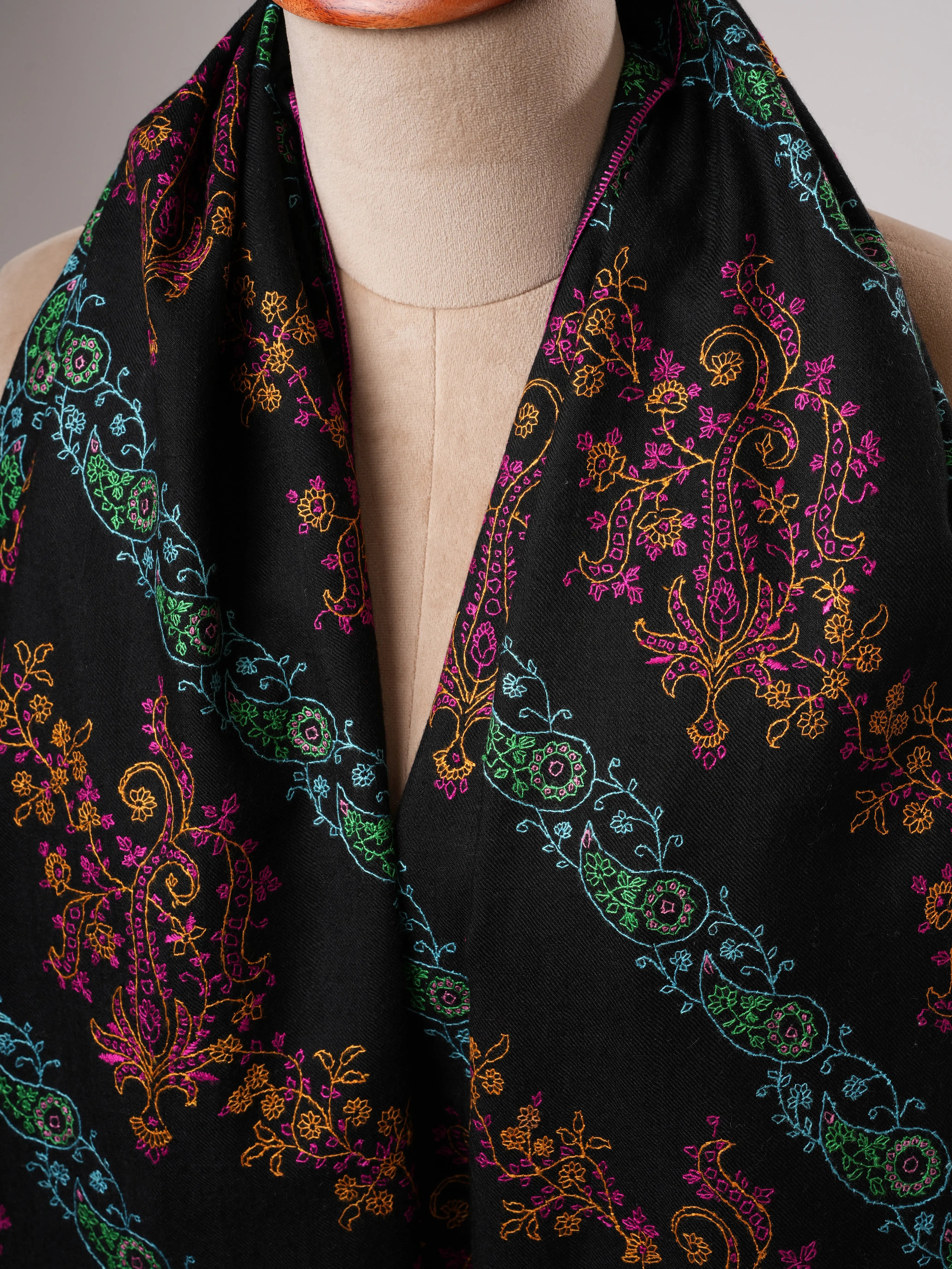 Black Kashmiri Pure Pashmina Shawl with Hand Embroidery Shahkaar